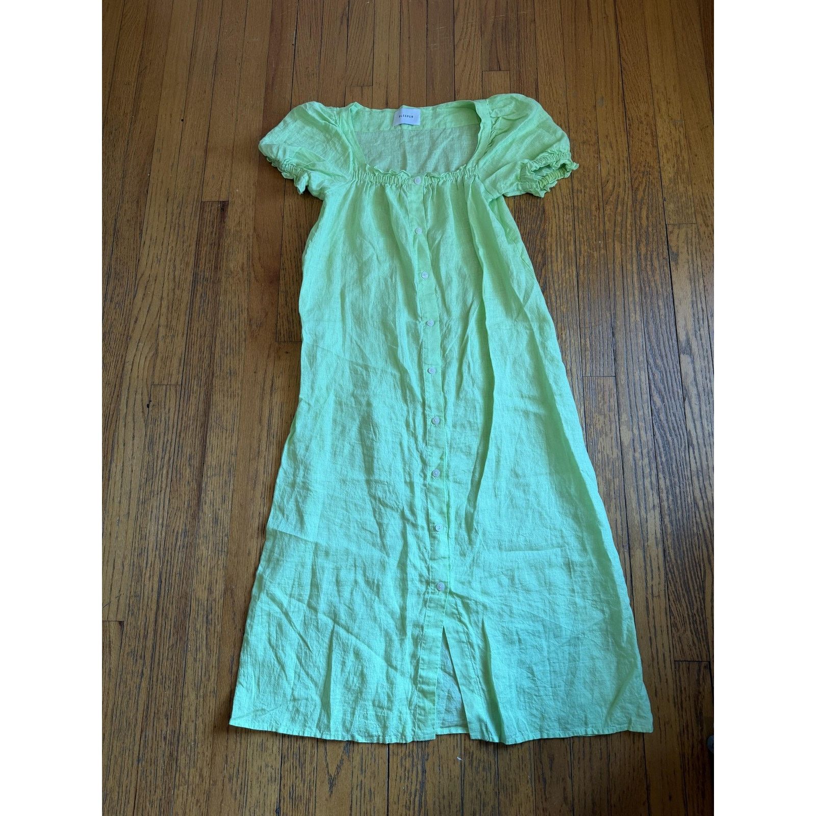Sleeper Sleeper Dress Medium Green Linen Puff Sleeve Button Front Size M / US 6-8 / IT 42-44 - 2 Thumbnail