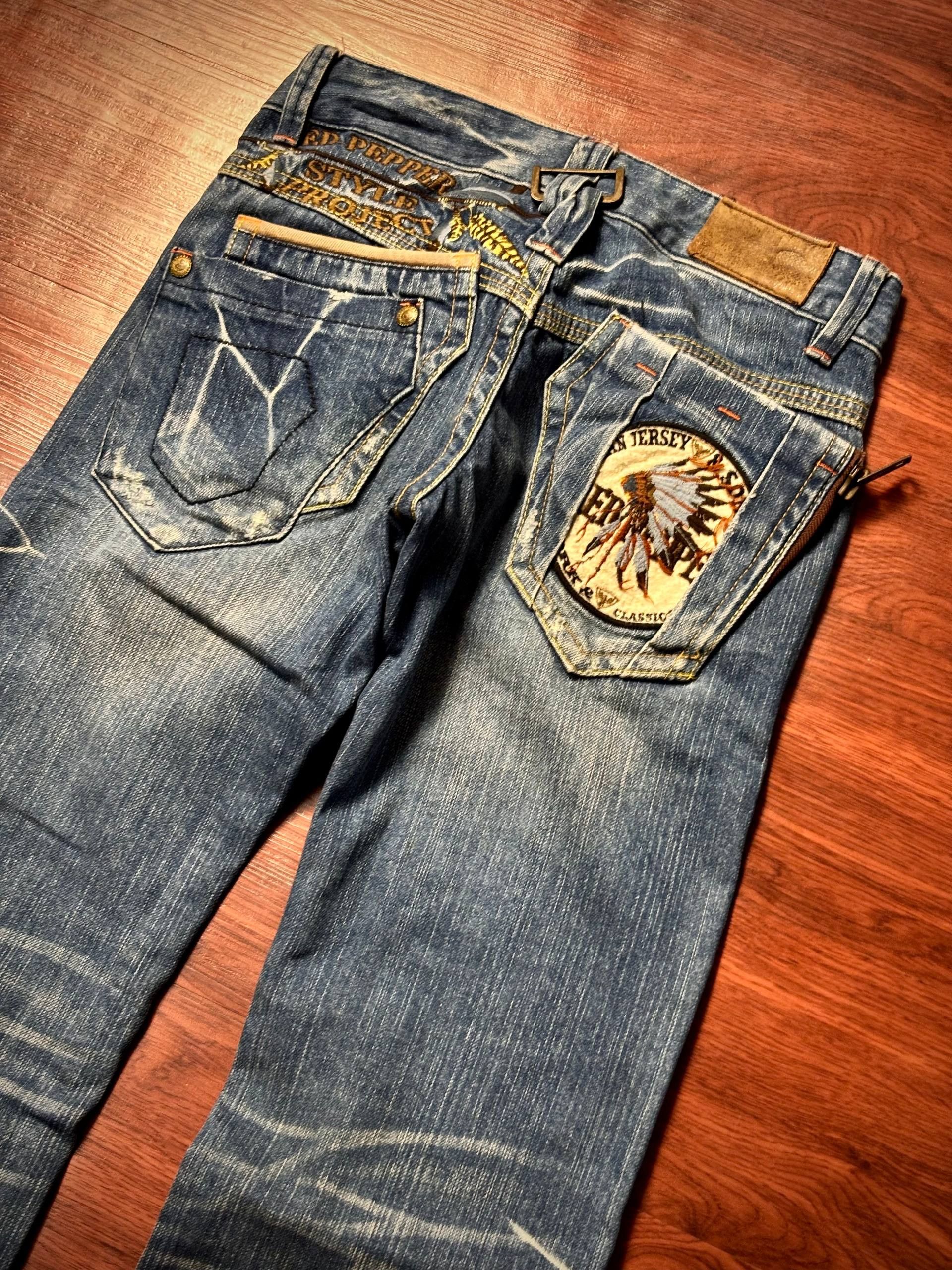 Issey Miyake Vintage Y2K Red Pepper Tribal Patch Flare Denim Pants Size 29" - 2 Thumbnail