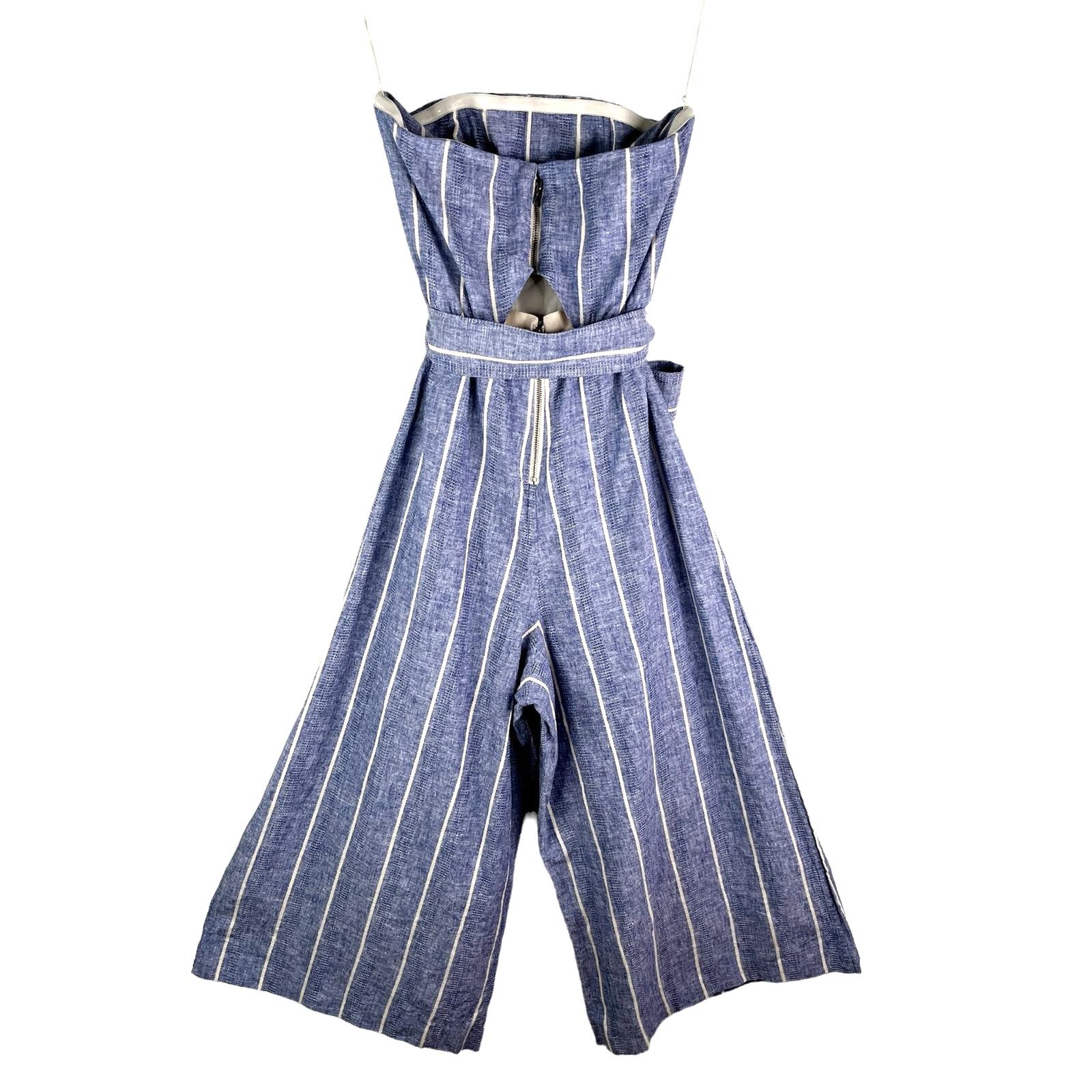 ALICE + OLIVIA Lucie Linen Striped Strapless Jumpsuit 0
