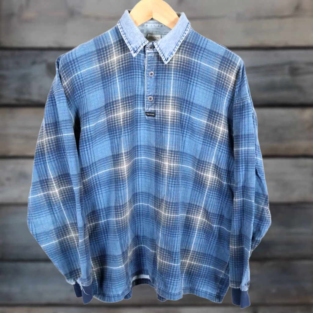 Vintage VINTAGE Structure Polo Shirt XL Blue Plaid Denim Collar USA Tag 90s Long Sleeve Men's Size US XL / EU 56 / 4 - 1 Thumbnail