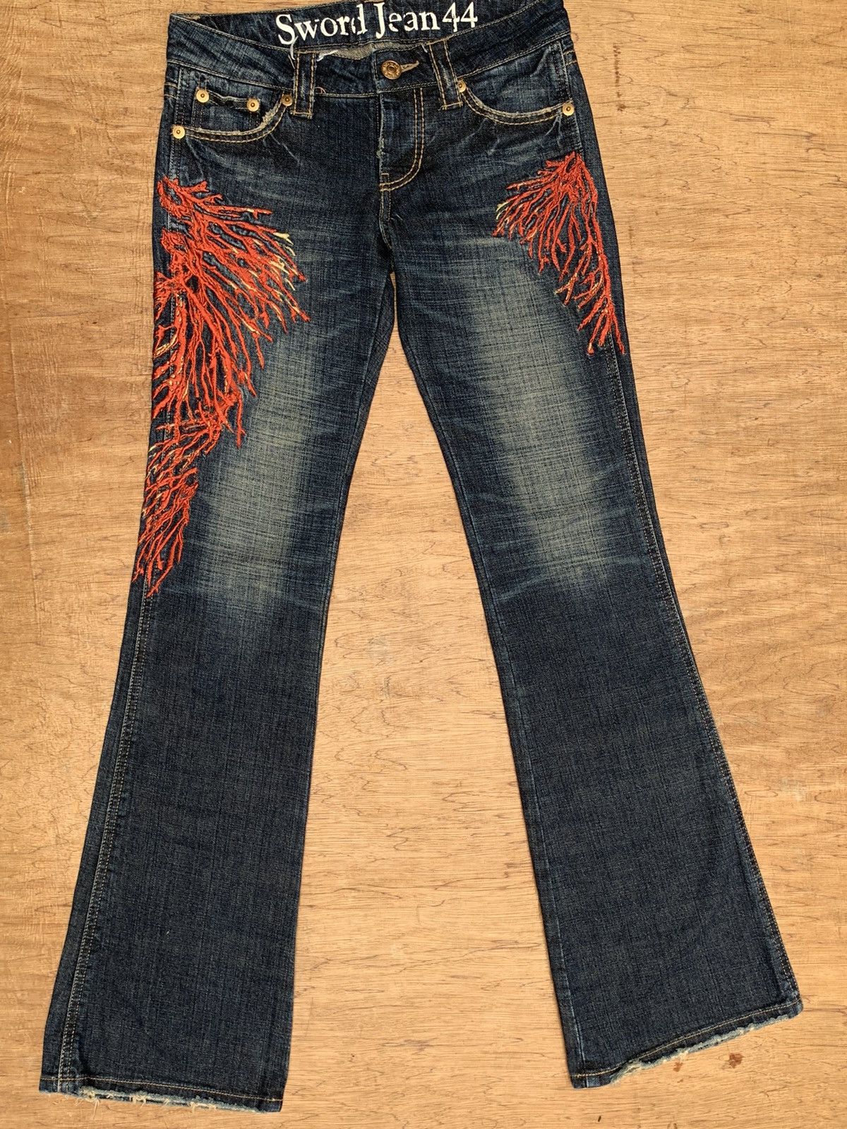 Japanese Brand Rare Sword Jean 44 Peace Embroidered Flare Denim Pants Size US 29 - 10 Thumbnail