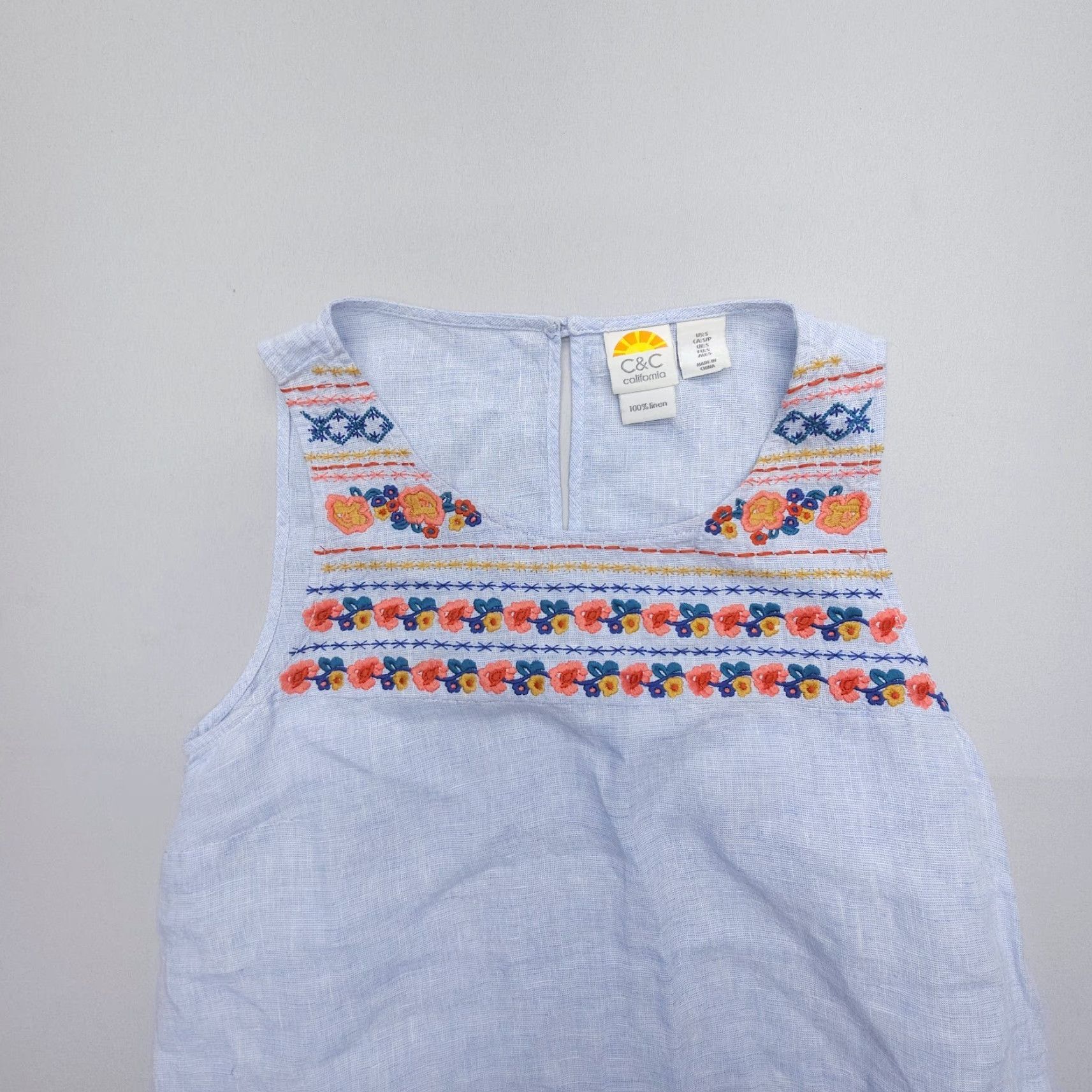 Vintage C&C California Dress Women S Blue Floral Linen Embroidered Knee Length Bohemian Beach Size S / US 4 / IT 40 - 3 Thumbnail