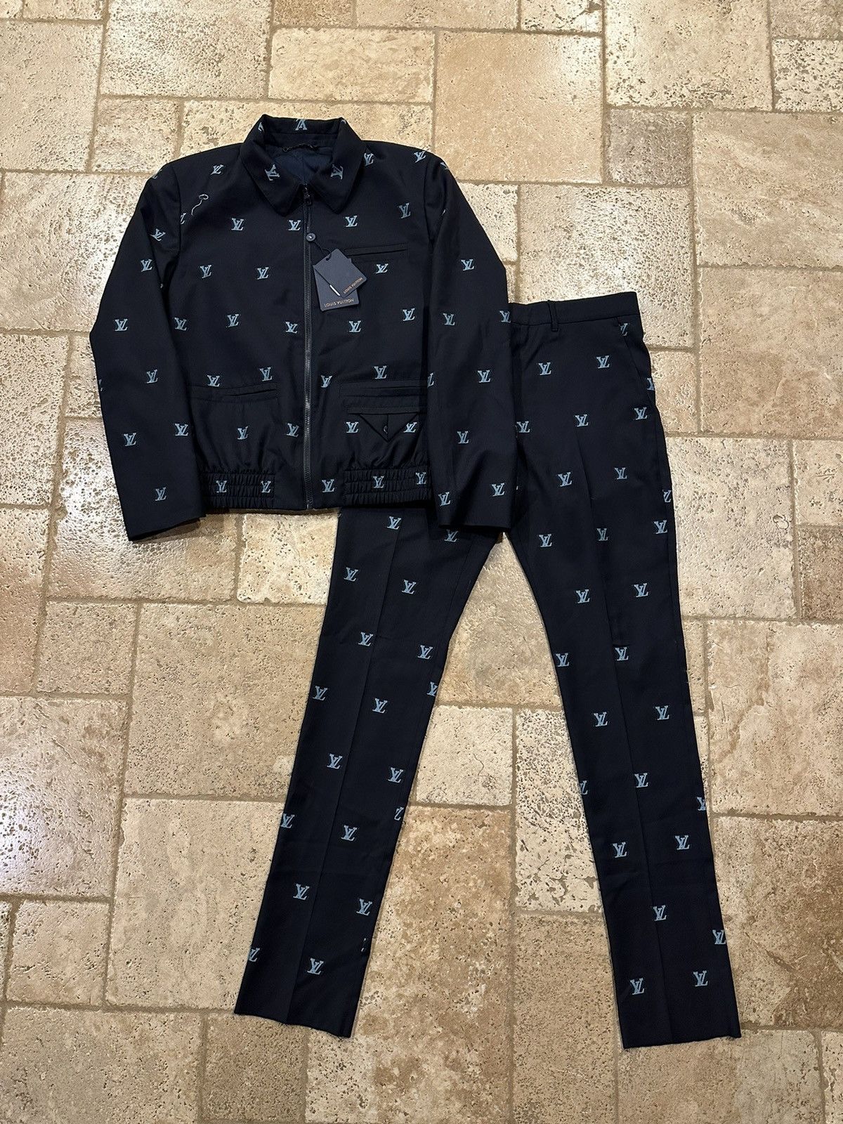 image of Louis Vuitton Lousi Vuitton Monogram Navy Jacket & Cigarette Trousers Suit, Men's (Size 52L)