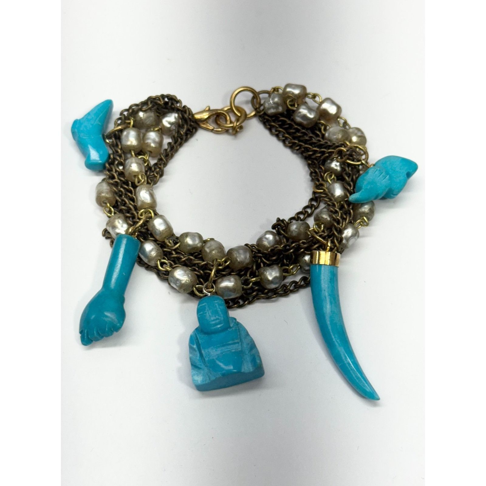 Vintage Vintage multi chain pearl semi precious stone charm bracelet Size ONE SIZE - 2 Thumbnail