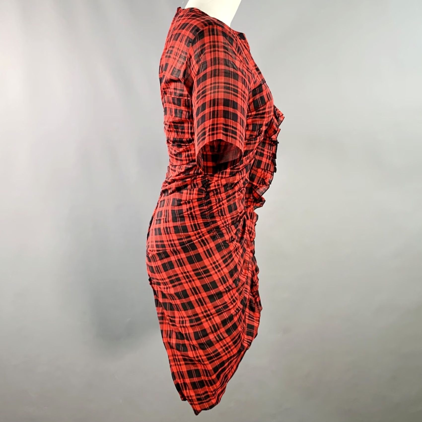 Vintage ISABEL MARANT ETOILE Red Black Plaid Ruched Dress XS Women Size XS / US 0-2 / IT 36-38 - 3 Thumbnail