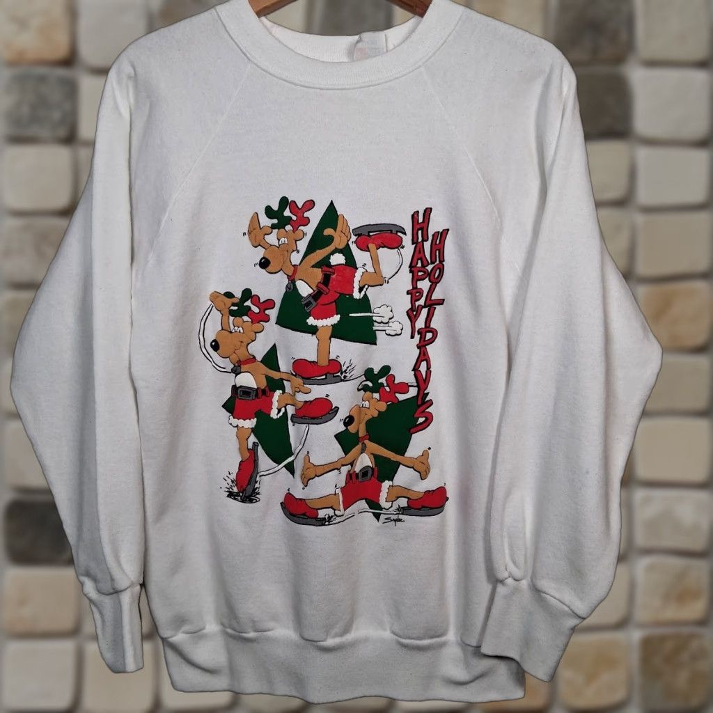 VINTAGE 20/20 SPORT Christmas Sweatshirt Pullover Crew Neck Long Sleeve Men Large White Reindeer Ice Skate Happy Holidays Winter Graphic Puffy