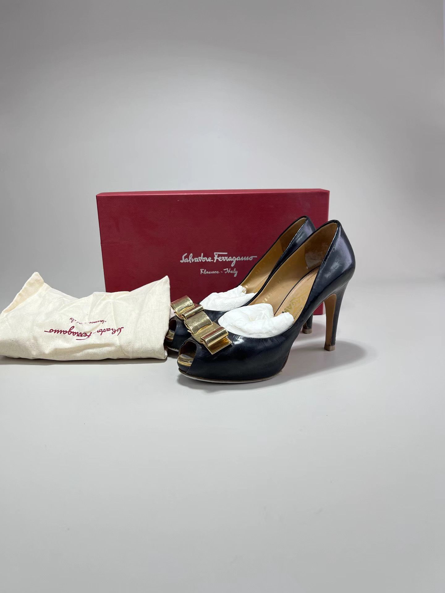 Salvatore Ferragamo FERRAGAMO Metal Bow Peep-Toe Heels Size US 6.5 / IT 36.5 - 1 Thumbnail