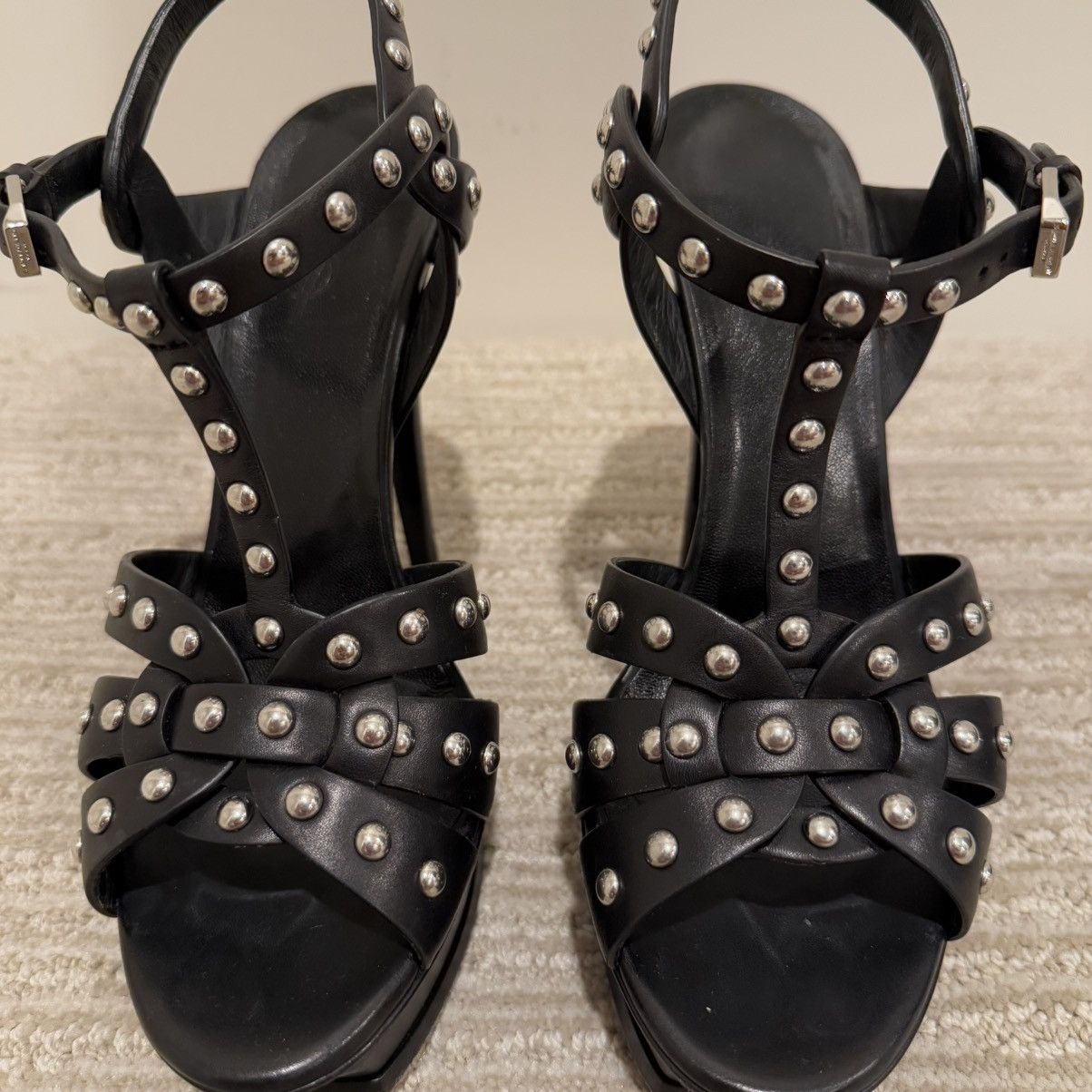 Saint Laurent Paris Saint Laurent Black Leather Studded Tribute Platform Sandals Size US 7.5 / IT 37.5 - 3 Thumbnail