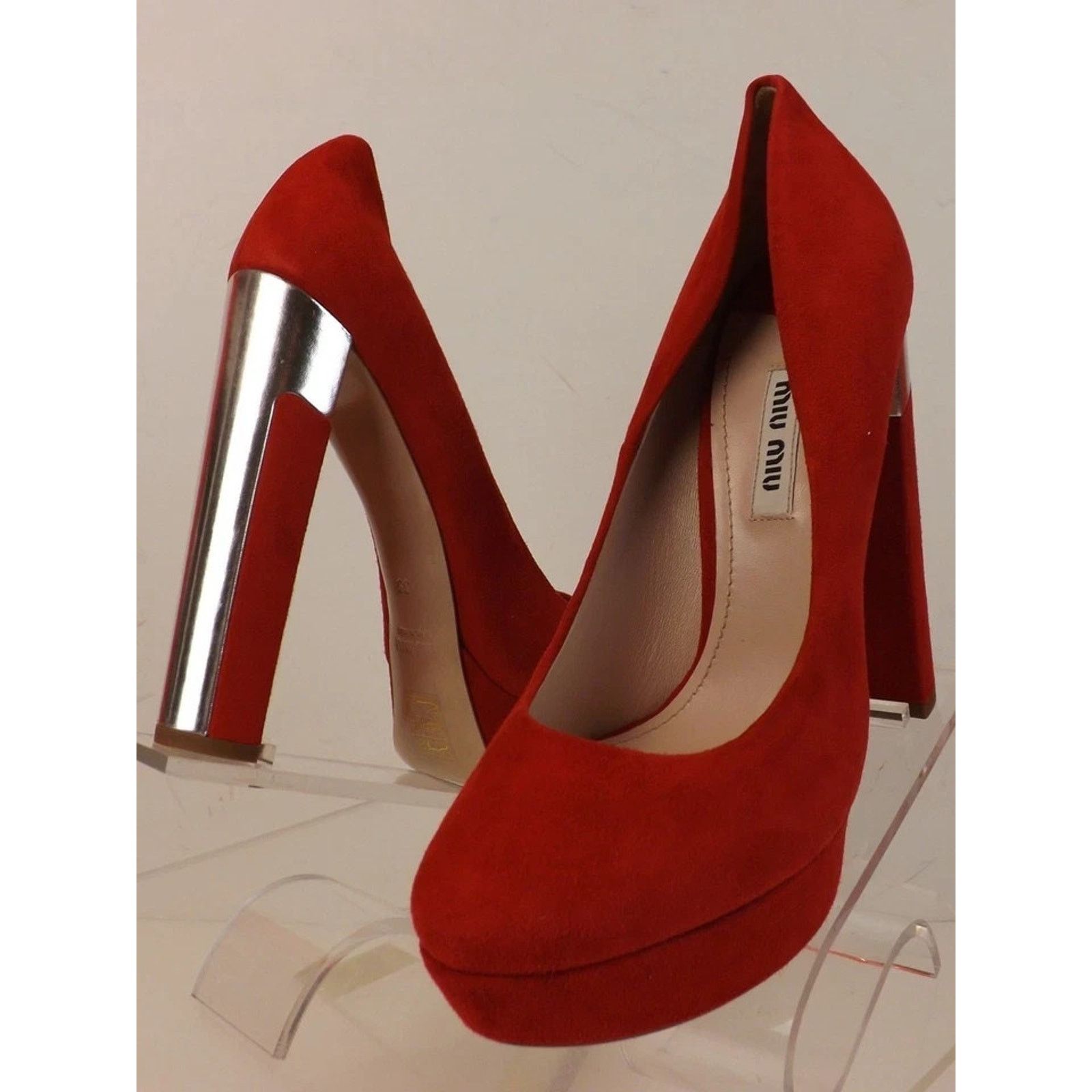 Miu Miu MIU MIU PRADA 5IP334 RED SUEDE SILVER MIRROR HEEL PUMPS 37.5 Size US 7.5 / IT 37.5 - 8 Thumbnail
