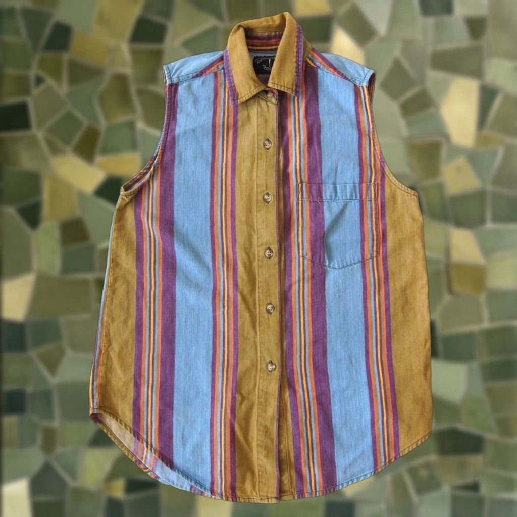 Vintage VINTAGE Solutions Blouse Shirt Women M Sleeveless Striped Cotton Blue Purple Brown Collared Button 40" Bust 27" Shoulder to Bottom Women Size M / US 6-8 / IT 42-44 - 1 Thumbnail