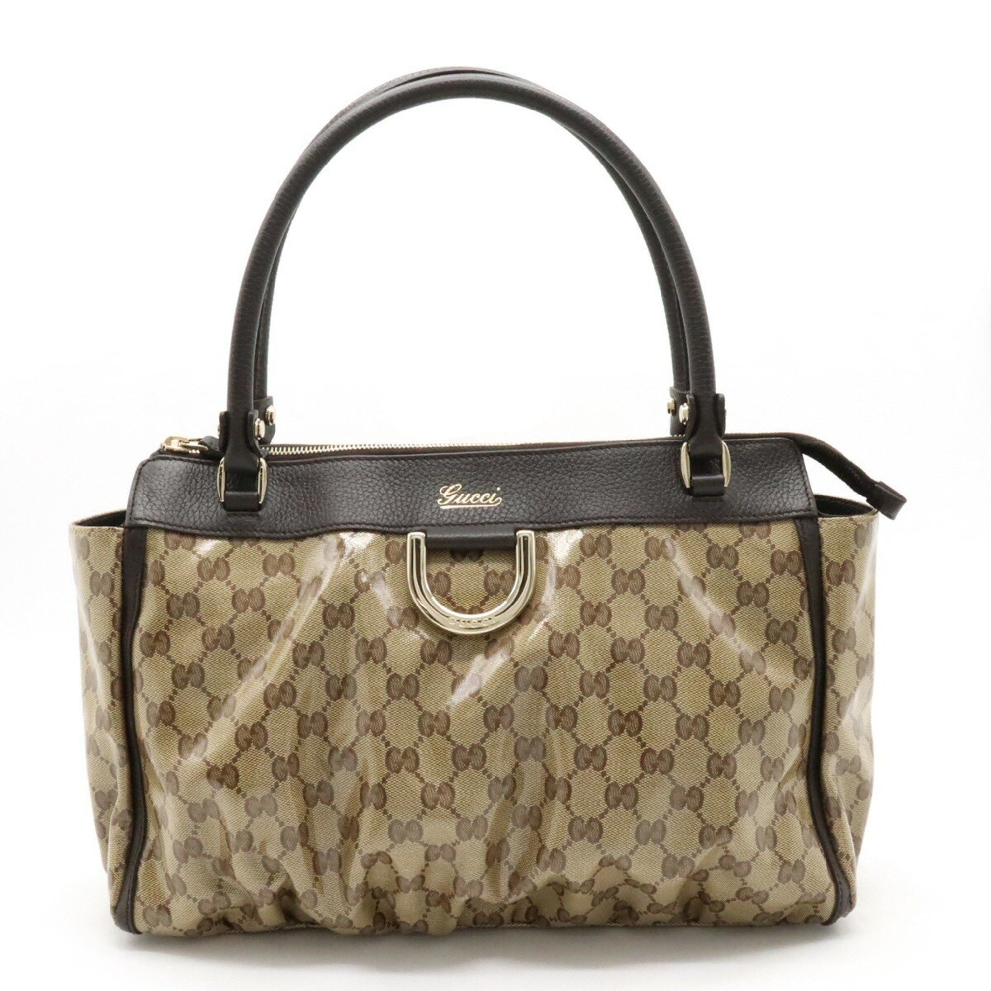 image of Gucci GG Crystal Tote Bag Shoulder Coated Canvas Leather Khaki Beige Dark Brown 327787, Women's