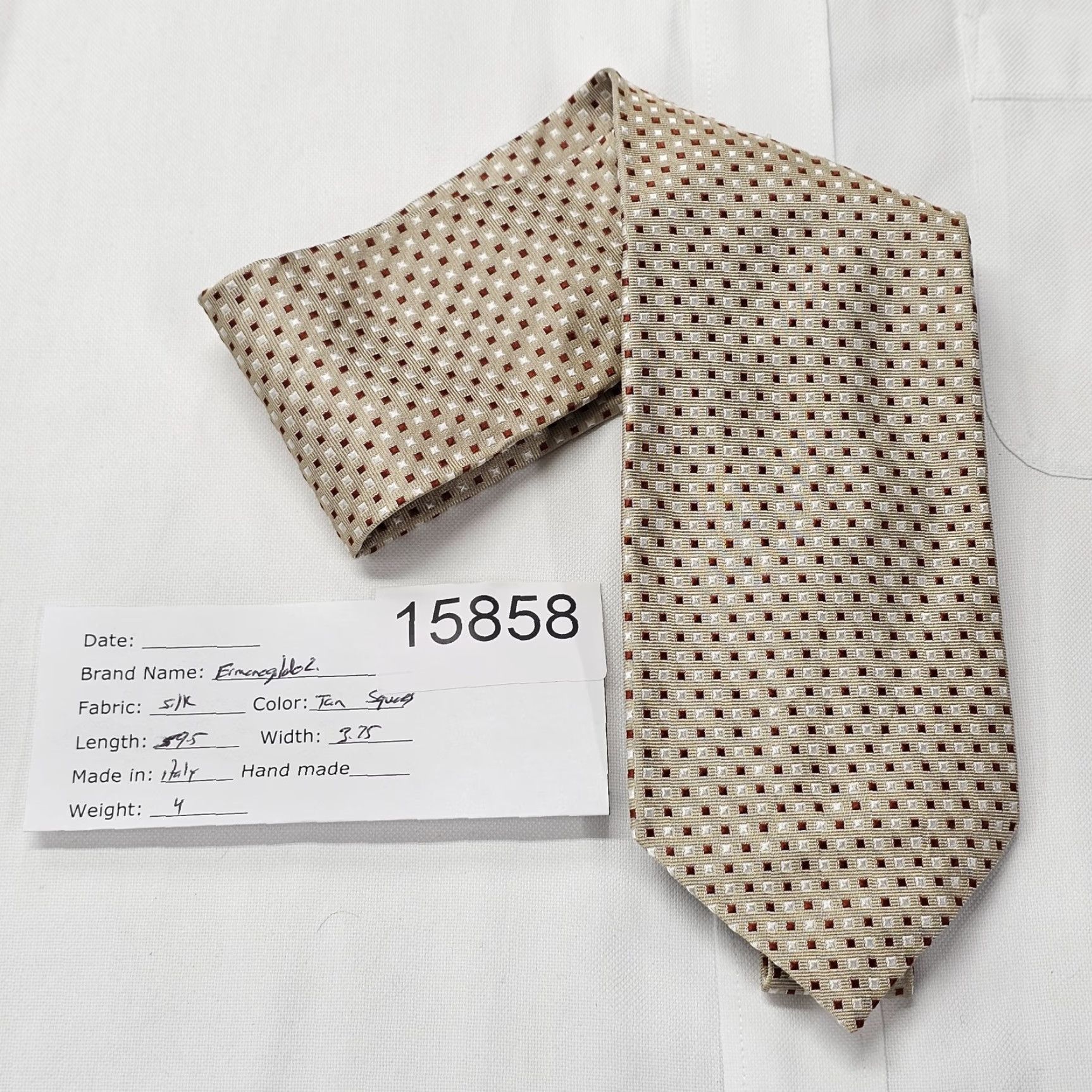 Ermenegildo Zegna Ermenegildo Zegna Tie Geometric Beige Squares 100% Silk Woven Long 59.5 x 3.75" Mens Size ONE SIZE - 6 Thumbnail