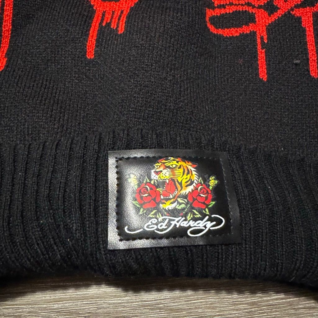 Ed Hardy Ed Hardy Beanie One Size Black Red Drip Logo Pom Pom Hat Size ONE SIZE - 2 Thumbnail