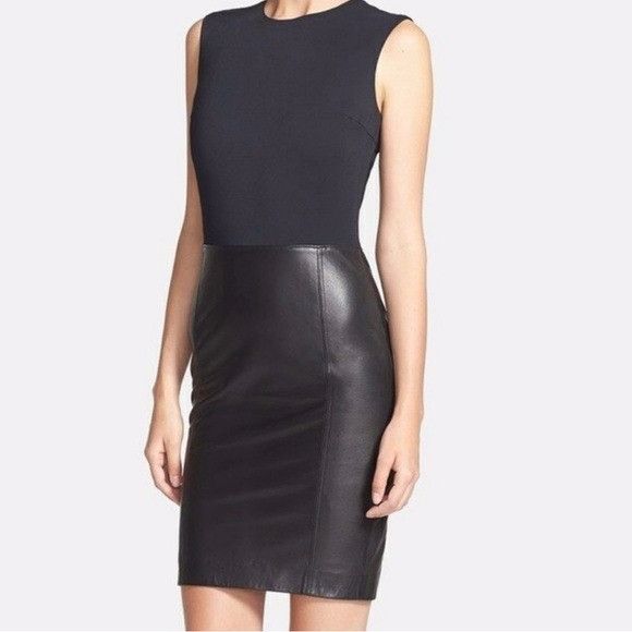Vince Sleeveless Leather Ponte Combo Sheath Dress Black Size