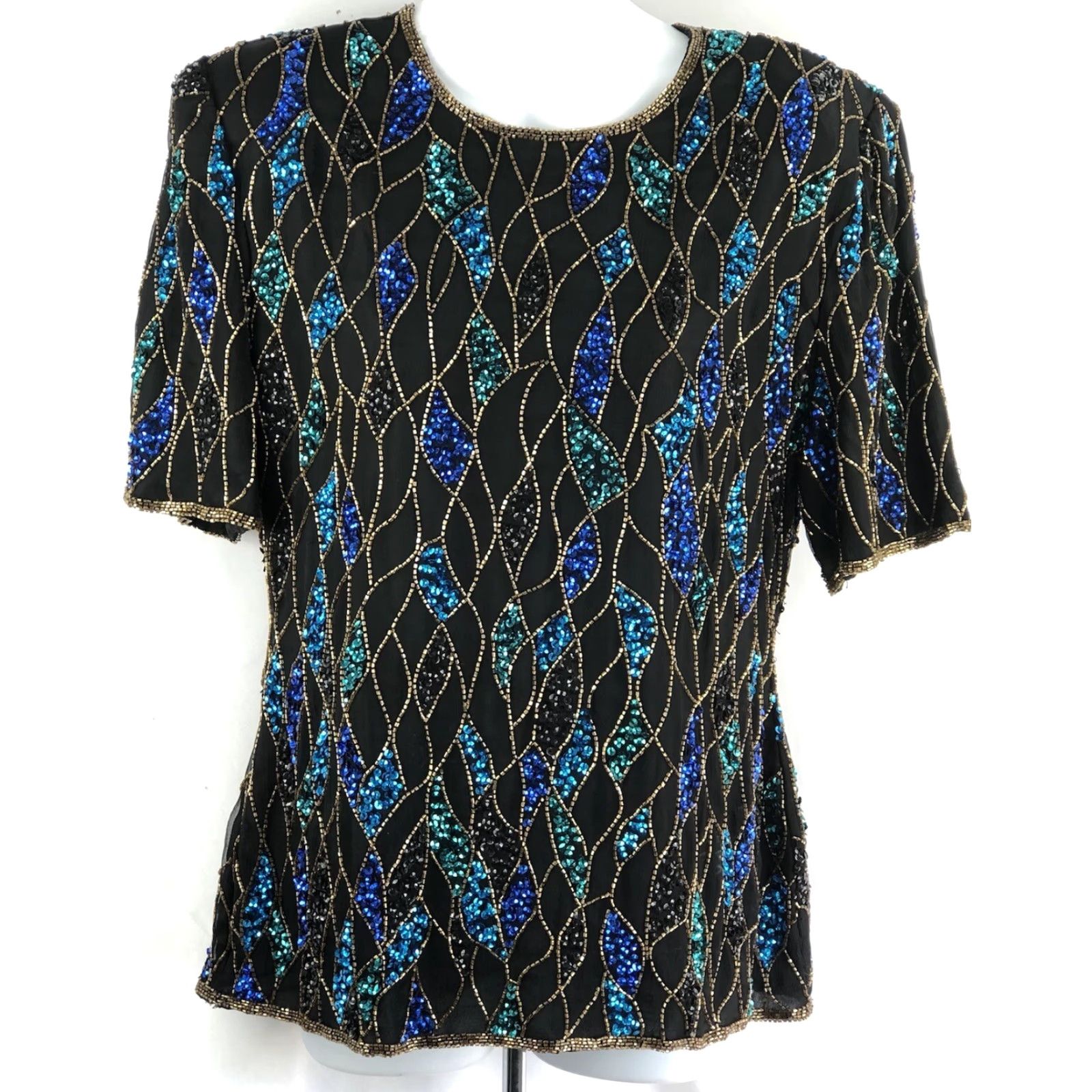 Vintage VINTAGE Scala Blouse 100% Silk Top Beaded Sequin Round Neck Short Sleeve Black Geometric 80s 90s Elegant Women's Petite XS-XL Size L / US 10 / IT 46 - 5 Thumbnail