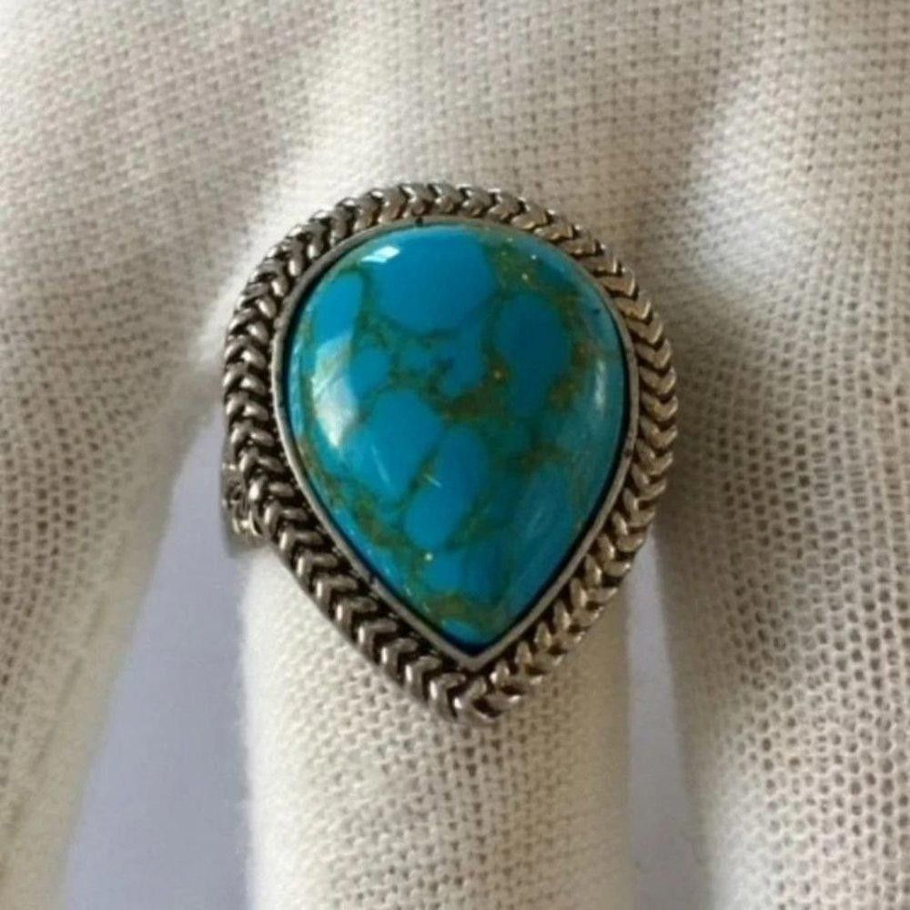 Other Big Tibetan Blue Turquoise Carved Flower Antique Silver Ring Size ONE SIZE - 2 Thumbnail