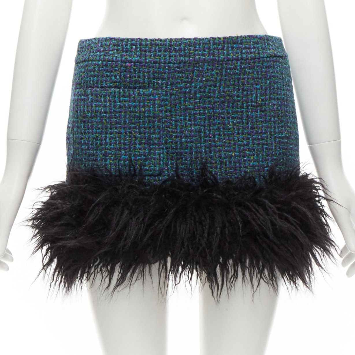 Saint Laurent Paris SAINT LAURENT 2022 blue tweed faux fur trim mini skirt FR38 M Size 28" / US 6 / IT 42 - 1 Thumbnail