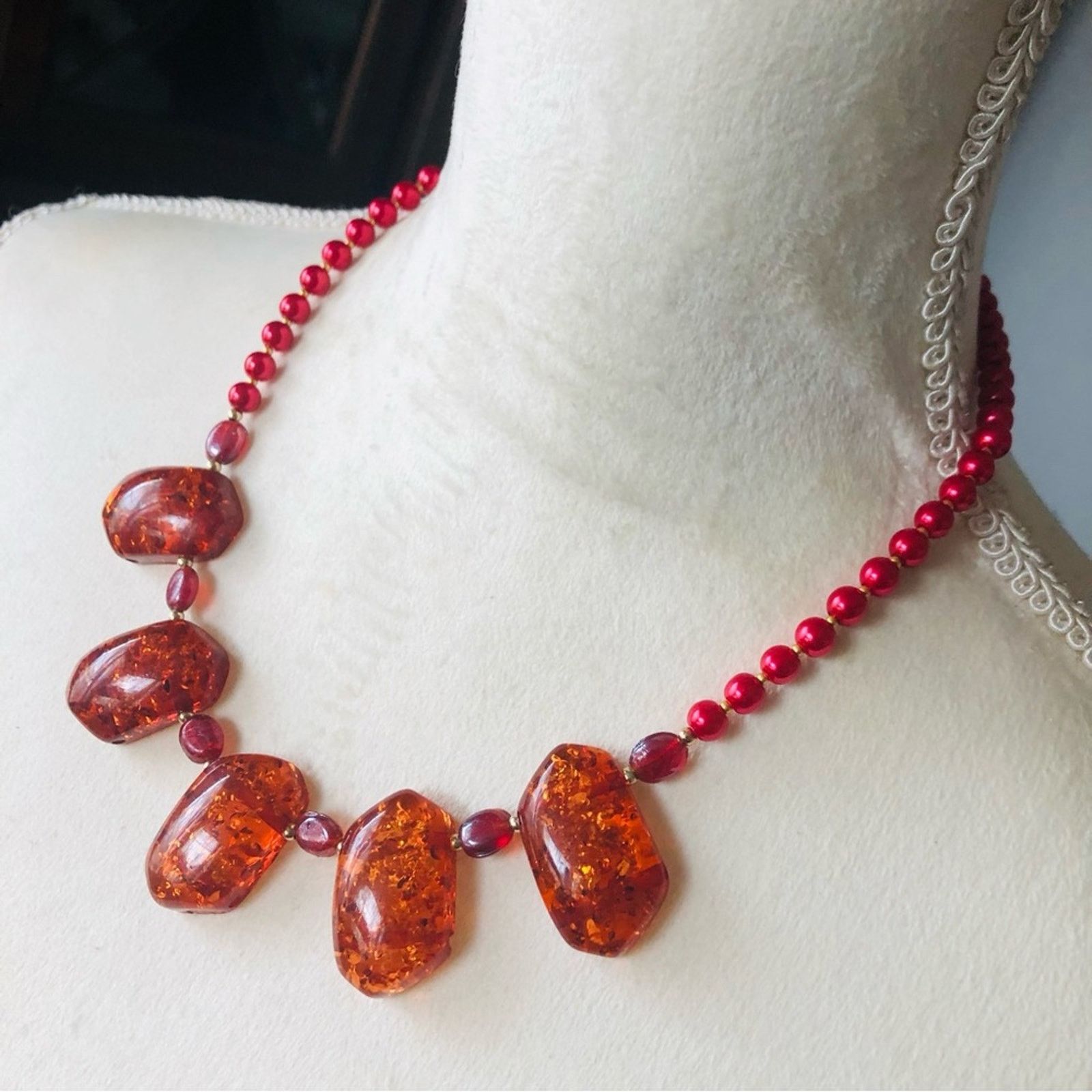 Handmade Handcrafted repurpose faux amber speckle bead Pearl necklace Size ONE SIZE - 4 Thumbnail