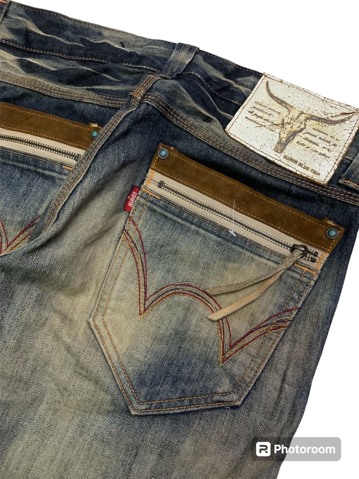 Edwin 💥Vintage 90s Flare Edwin Blue Trip Denim Size US 33 - 6 Thumbnail