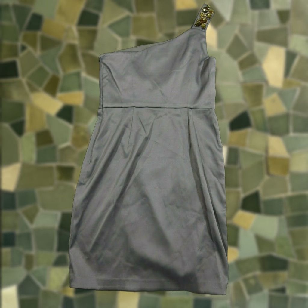 Vintage NWT Jones Wear Grey Satin Gold Jewel Beaded One Shoulder Cocktail Dress Size 6 Size M / US 6-8 / IT 42-44 - 1 Thumbnail