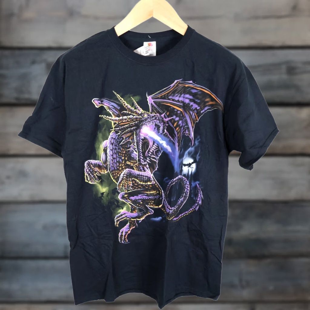 Fruit Of The Loom VTG Dragon T-Shirt Men's Large Black Graphic Print Cotton 90s Gothic Retro Fruit of the Loom Size US L / EU 52-54 / 3 - 1 Thumbnail