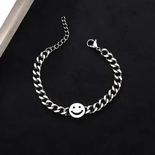Jewelry Titanium Steel Smiley Face Charm Bracelet For Men Women in Silver