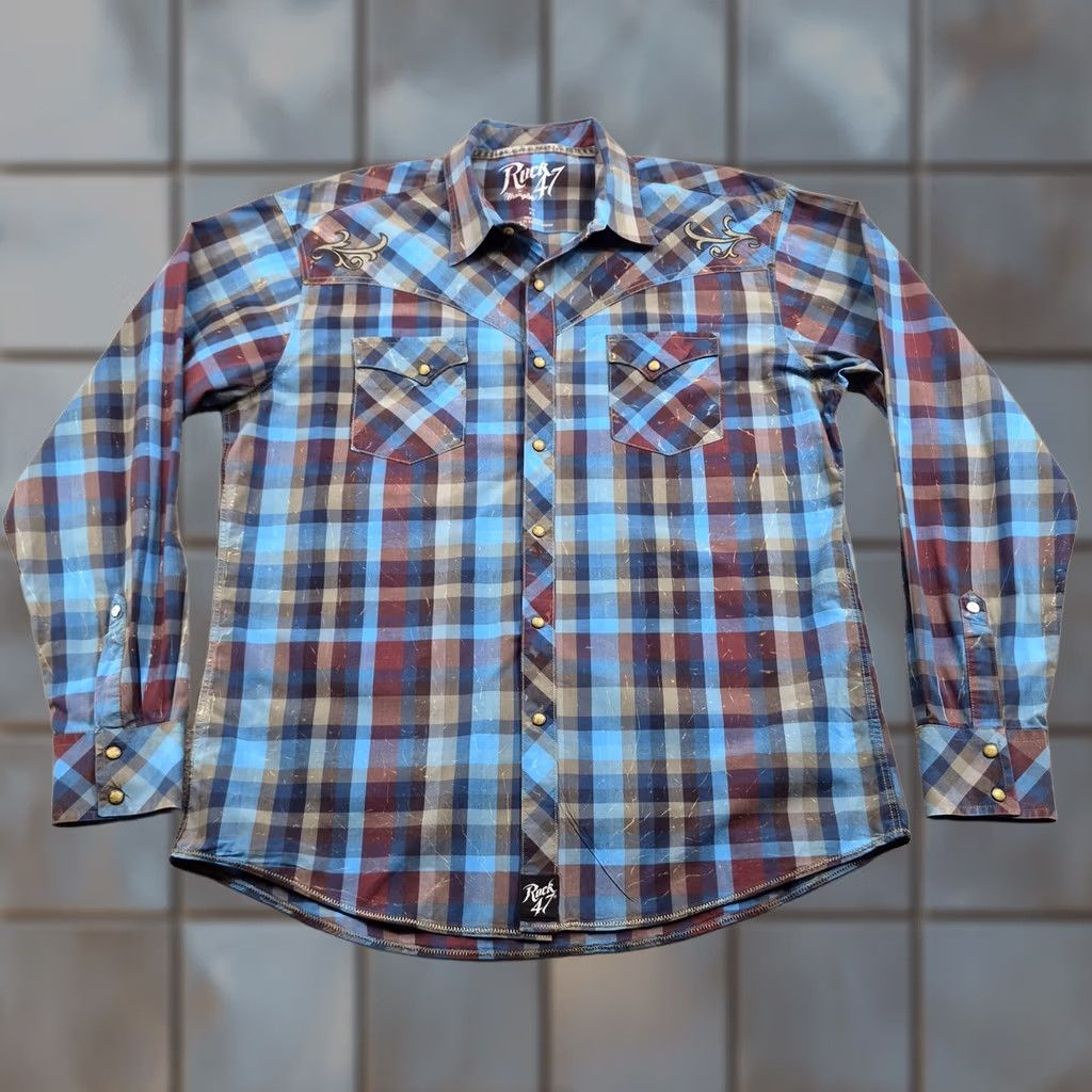 47 Rock 47 Wrangler Shirt Mens XL Blue Plaid Long Sleeve Western Snap Embroidered Size US XL / EU 56 / 4 - 1 Thumbnail