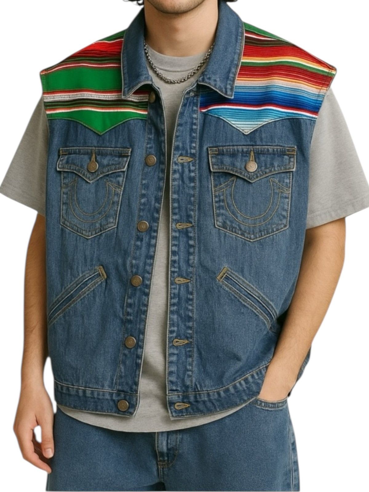 True Religion Johnny Baja Serape Western Denim Vest XXXL