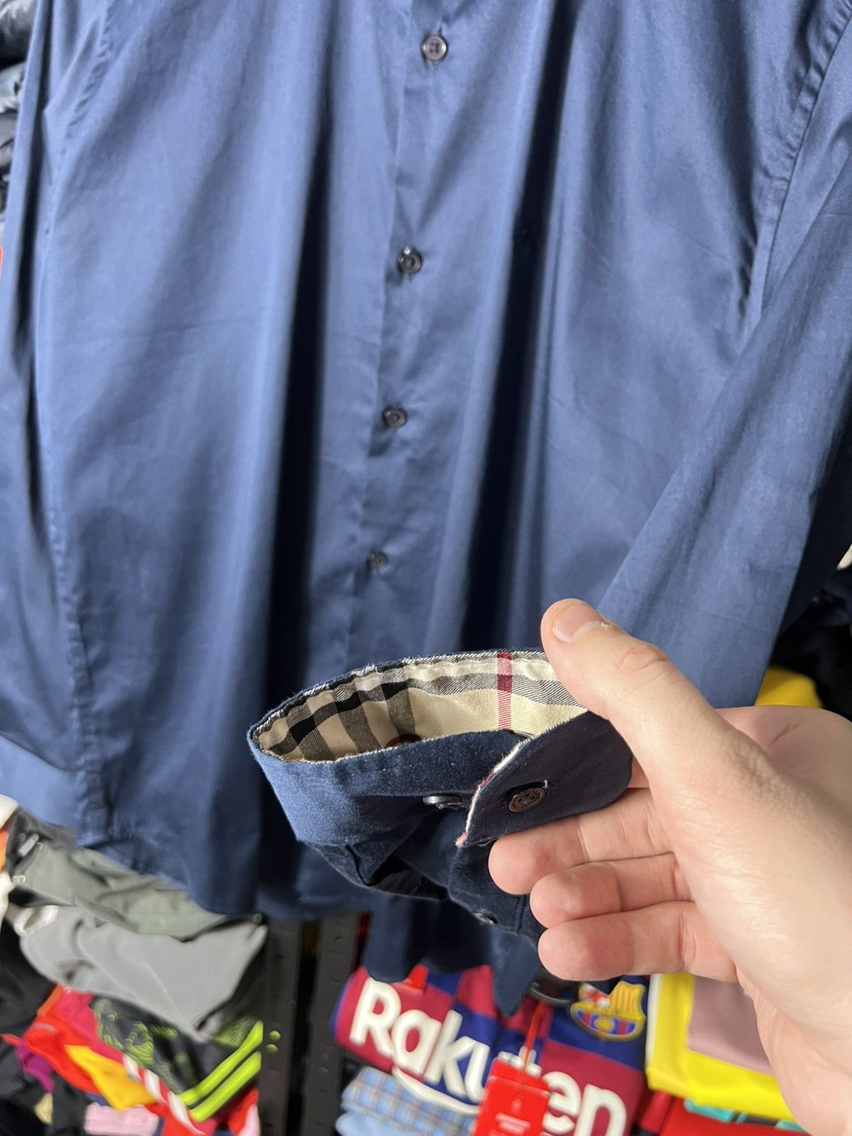 Burberry Burberry Brit Navy Button Up Shirt XL Nova Check Cuffs Size US XL / EU 56 / 4 - 7 Thumbnail