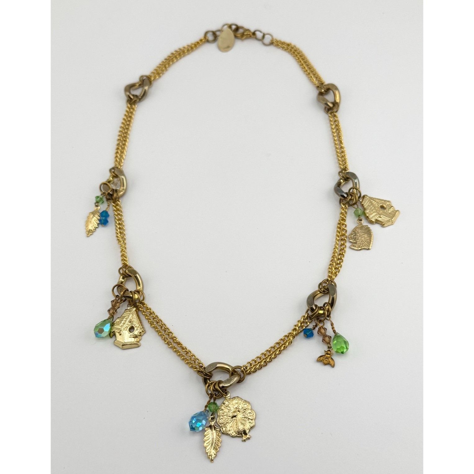 Vintage Vintage crystal charm necklace feathers, birdhouse, peacock, Size ONE SIZE - 1 Thumbnail