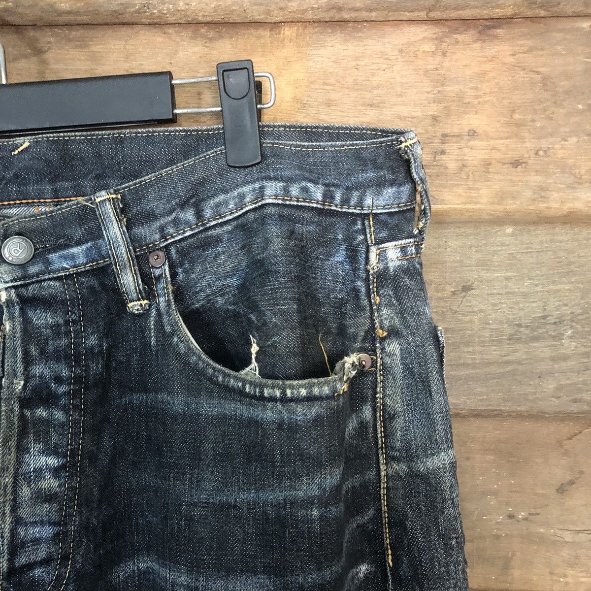 DL R 45rpm selvedge Black faded Distressed Denim Pants #7321