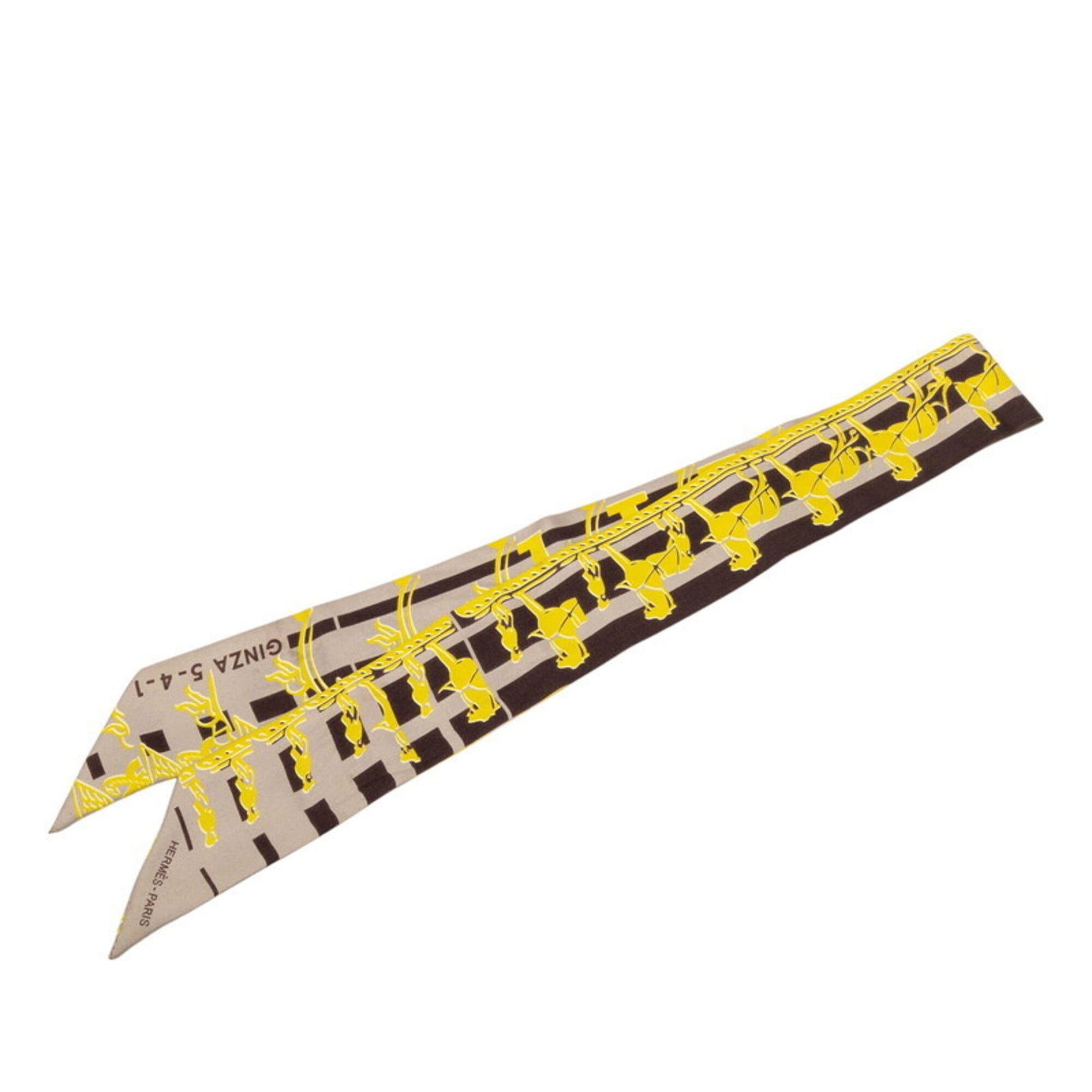 Hermes Hermes Twilly Faubourg 24 (24 FAUBOURG SECONDE) Ginza Store 10th Anniversary Scarf/Muffler, Yellow Silk, Women's HERMES Size ONE SIZE - 1 Thumbnail