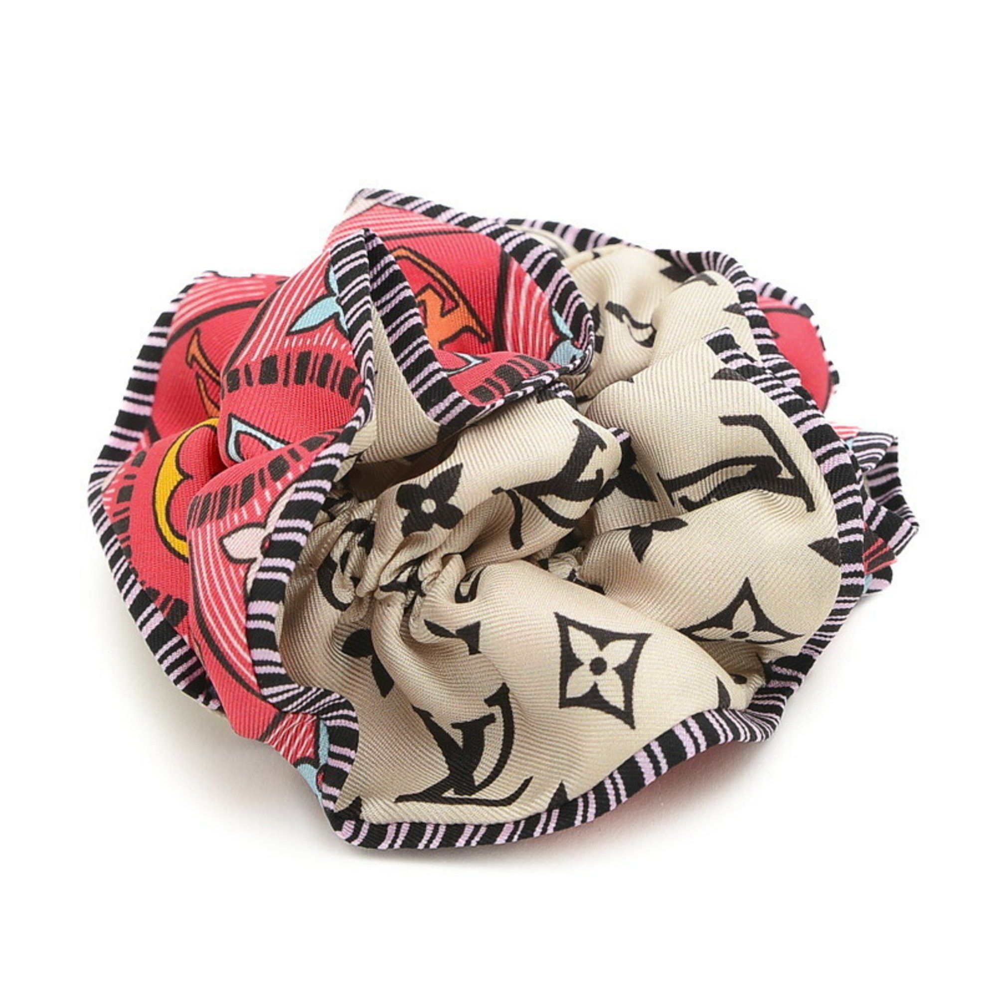 image of Louis Vuitton Scrunchie Monogram Tiles Hair Tie Silk M78435 in Black, Women's
