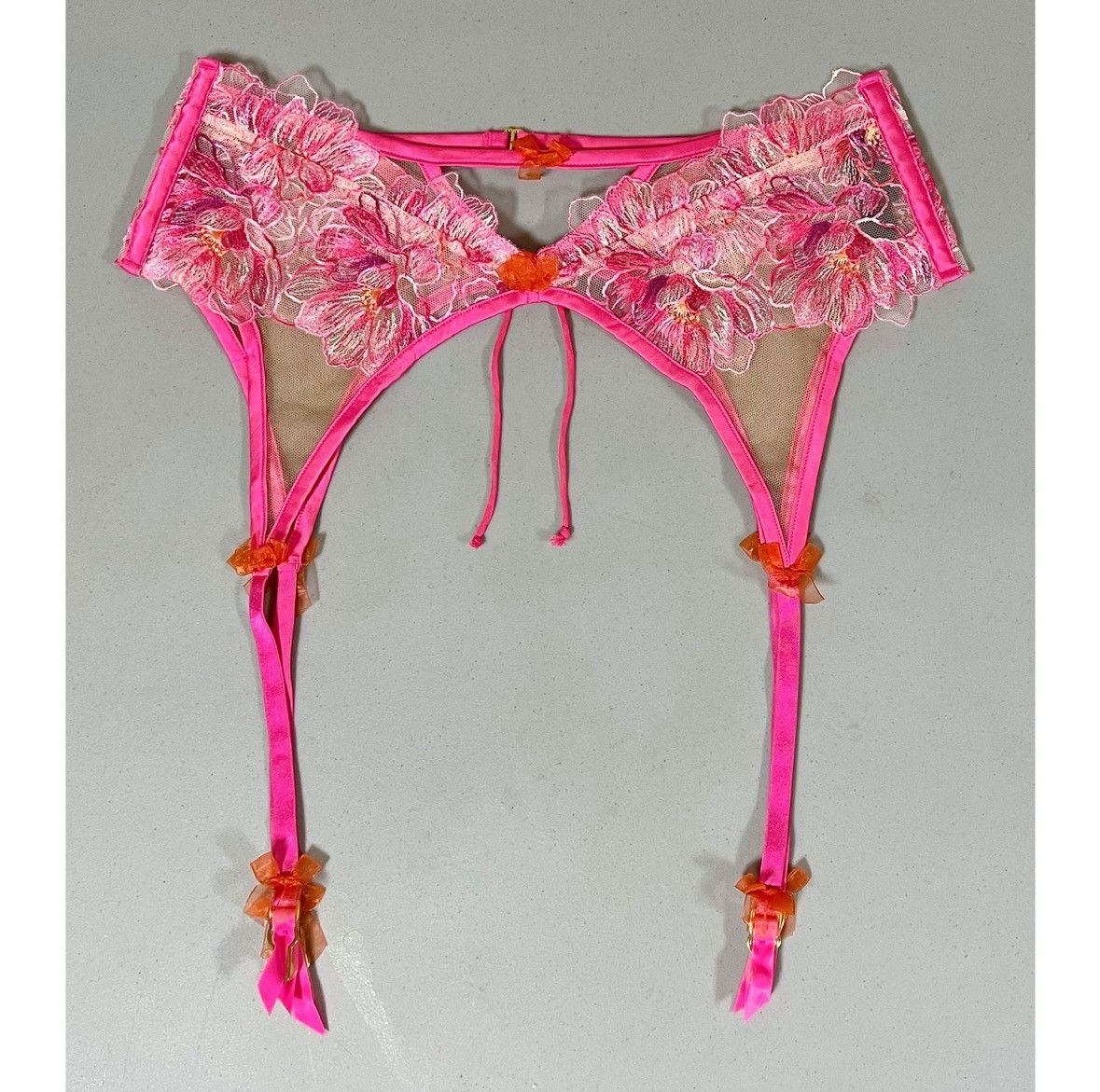For Love & Lemons Pink Orange Floral Lace Bows Garter Belt Lingerie Size S 🍋✨ Size ONE SIZE - 1 Thumbnail