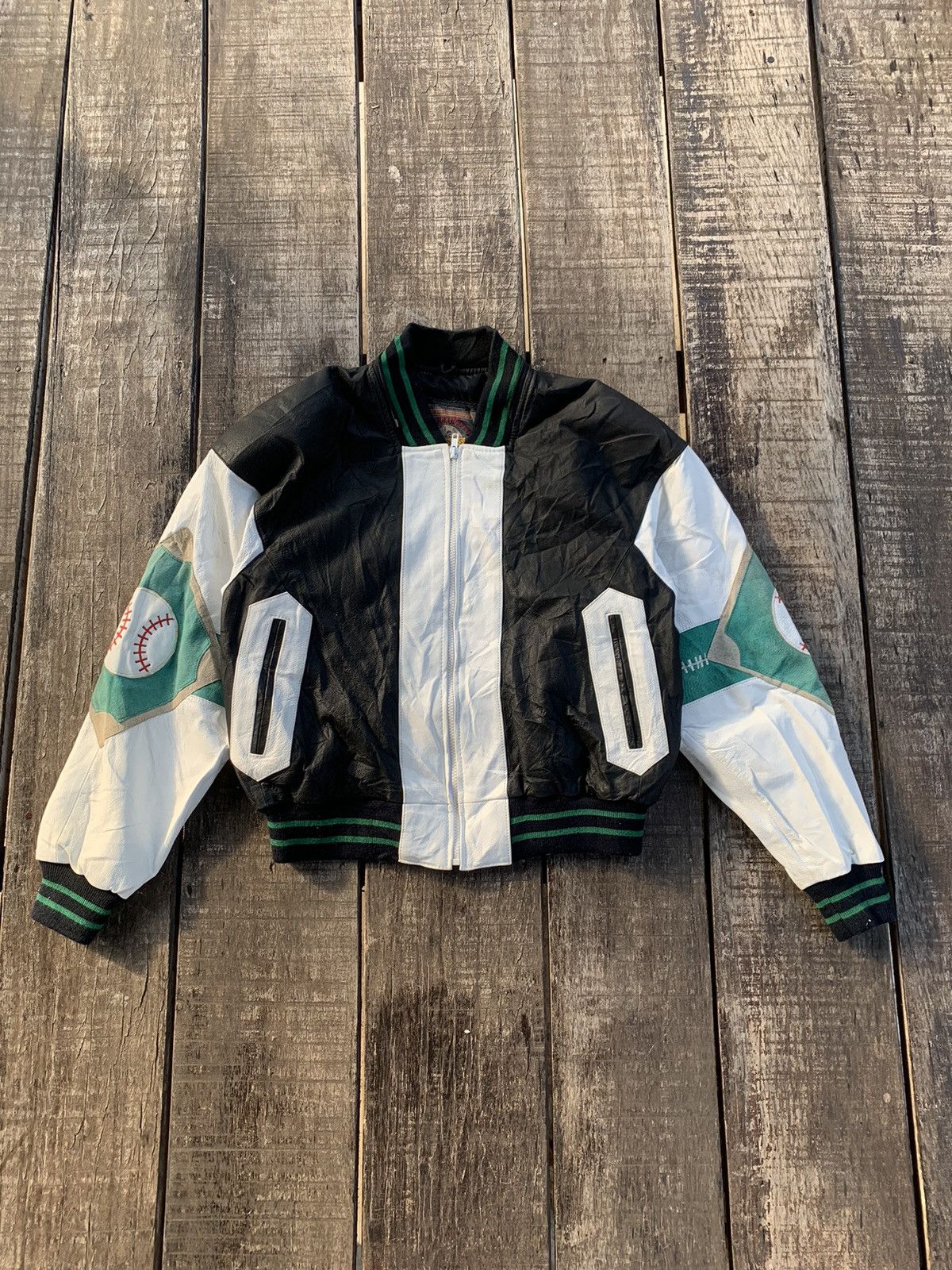 image of Varsity Jacket x Vintage Varsity Baseball Patch Leather Jacket in Black, Men's (Size Medium)
