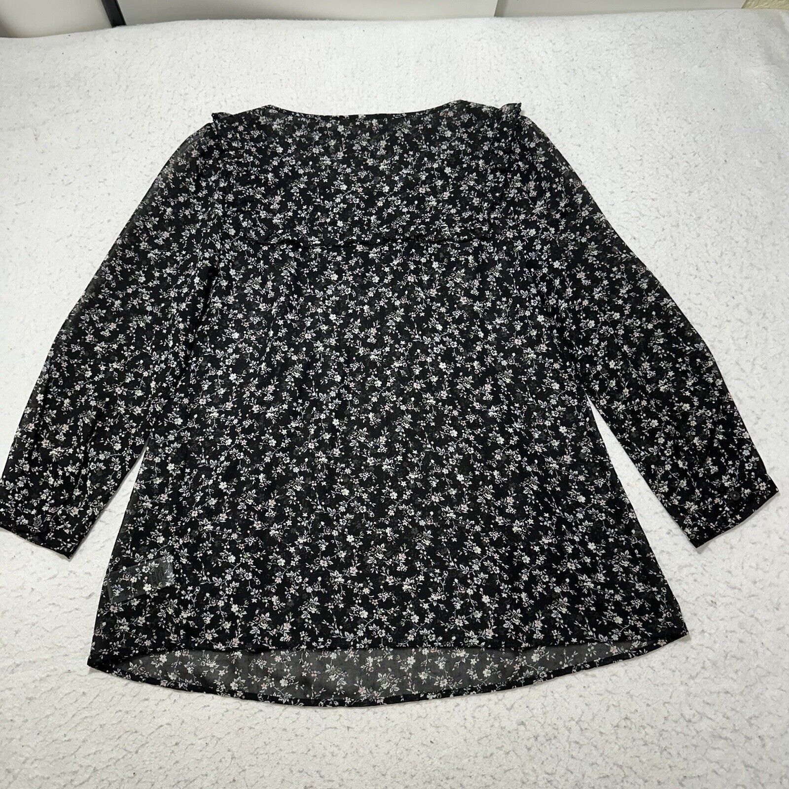 Gap GAP XS Black Crewneck Ruffle Long Sleeve Top Floral Blouse Size XS / US 0-2 / IT 36-38 - 10 Thumbnail