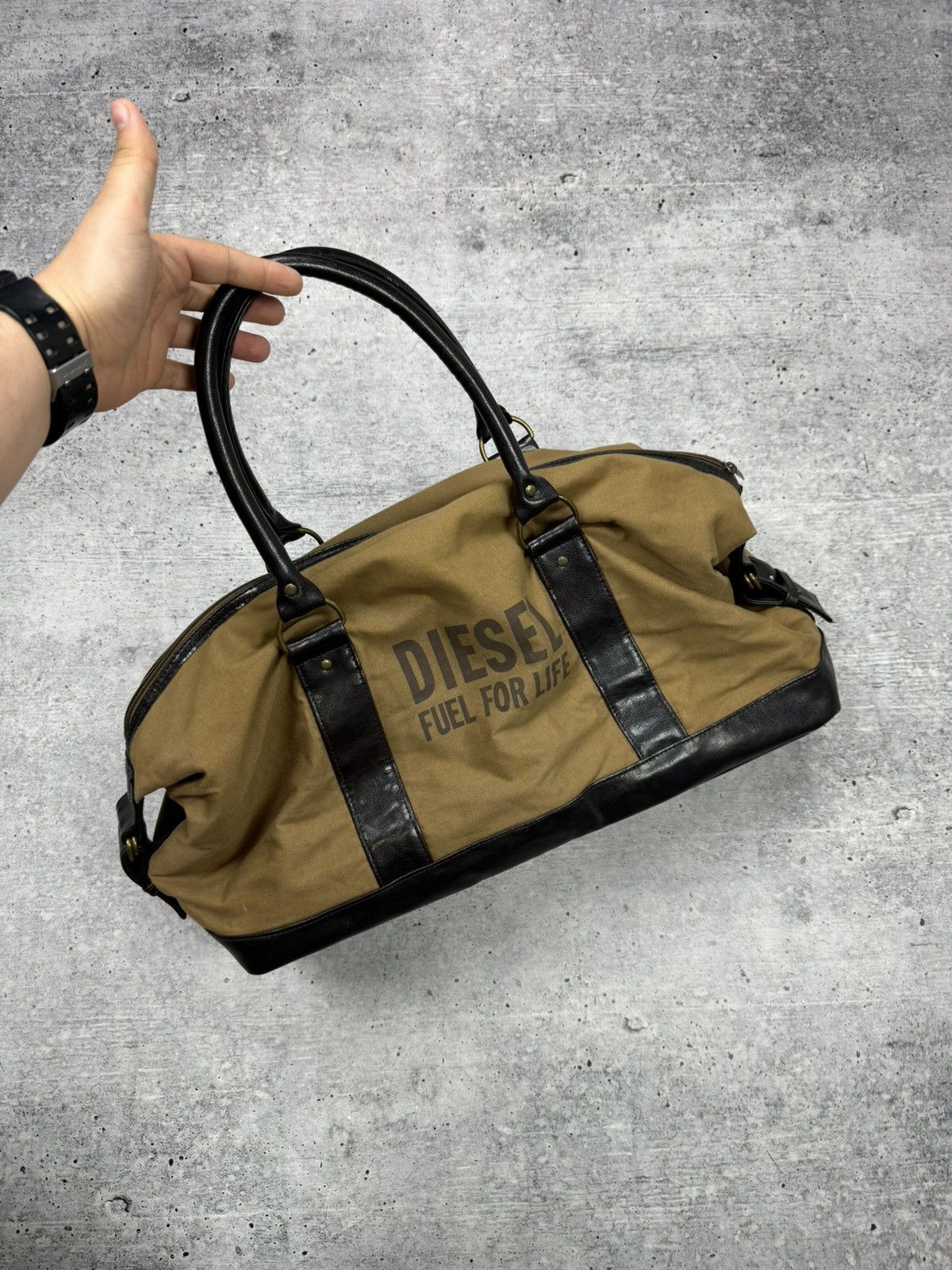 Vintage Diesel Fuel For Life Brown Leather Shoulder Gym Bag, Men's