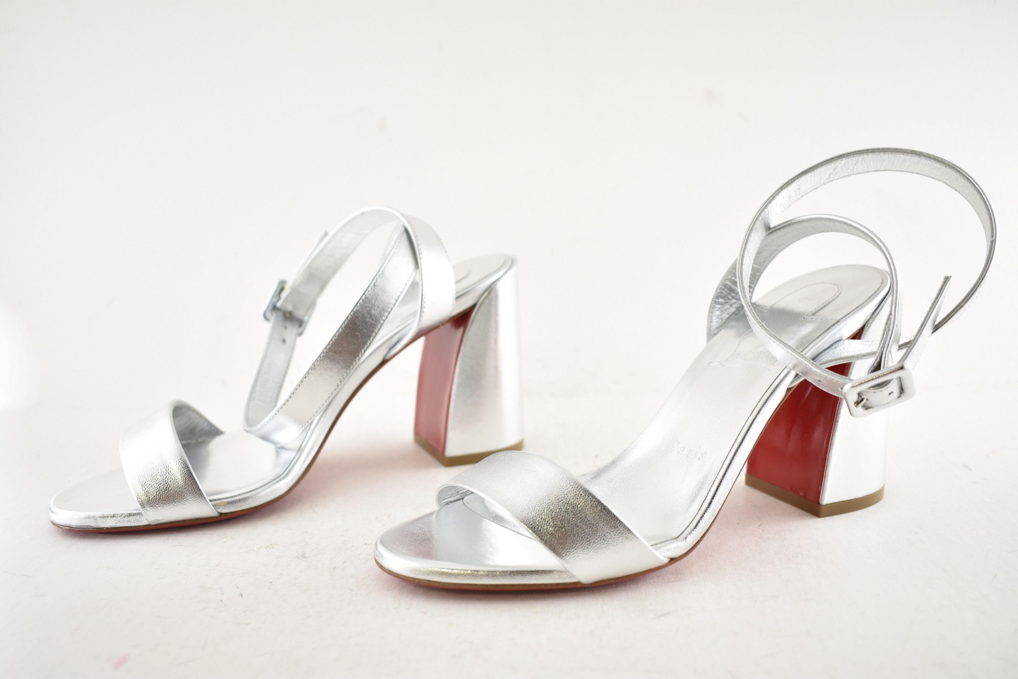Christian Louboutin Miss Sabina 85 Silver Ankle Strap Block Heel Sandal 37 Size US 7 / IT 37 - 11 Thumbnail