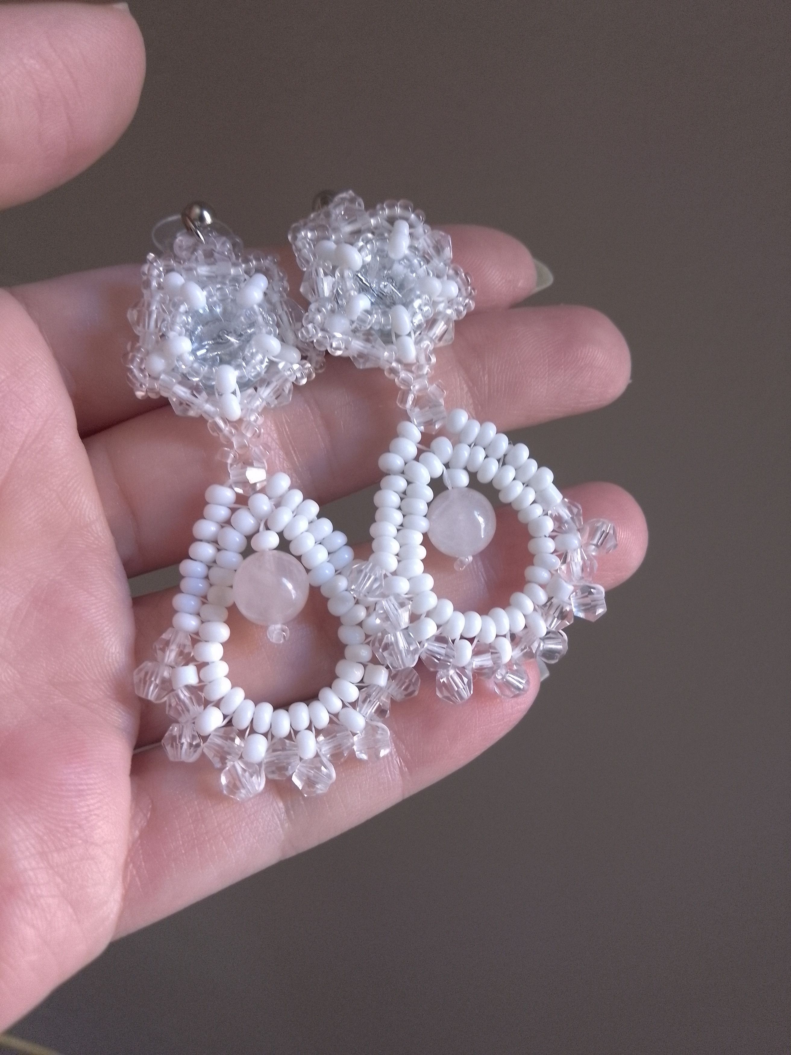 Handmade White Earrings bell shape Rose quartz gemstones Size ONE SIZE - 6 Thumbnail