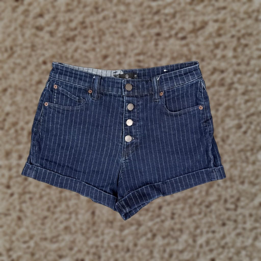Volcom Volcom Denim Shorts Womens 28 Blue High Rise Button Fly Striped Cuffed Cut-Off Stretch Pocket 5-Pocket Casual Summer Varsity American Mens? Size 28" / US 6 / IT 42 - 1 Thumbnail