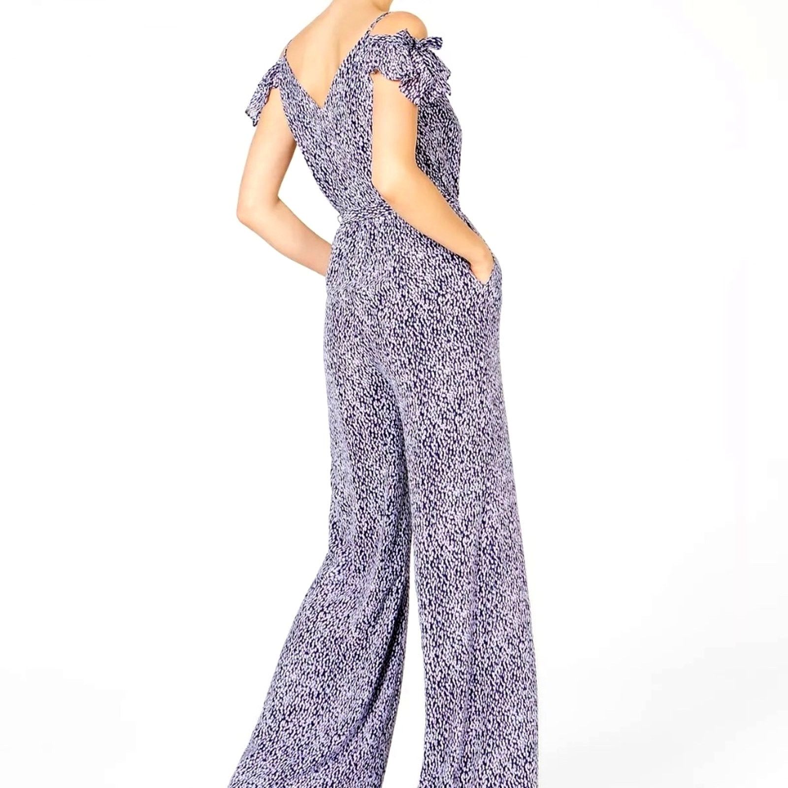 Michael Kors Michael Kors Mini Ikat Cold-Shoulder Jumpsuit Navy/White S Size 27" / US 4 / IT 40 - 3 Thumbnail