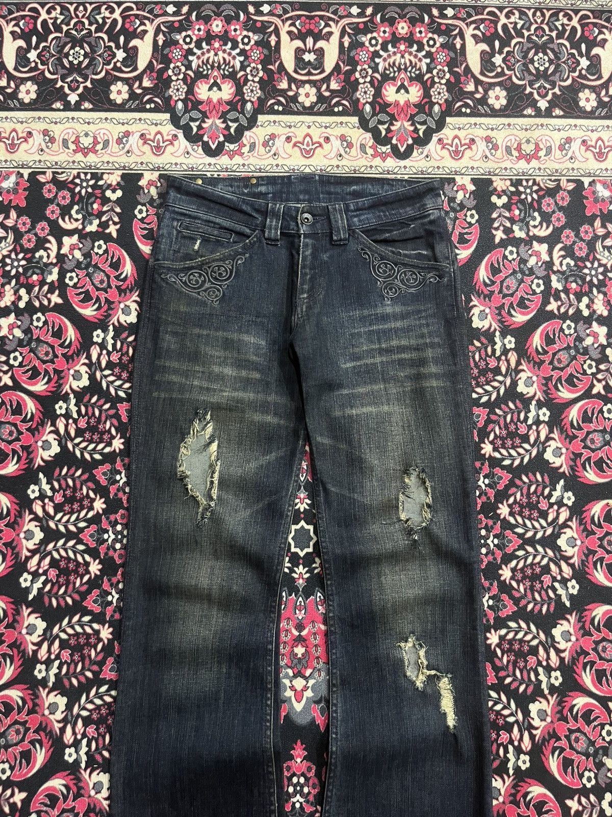 BUFFALO BOBS Vintage Buffalo Bobs Dark Washed Distressed Flare Jeans Size US 29 - 3 Thumbnail