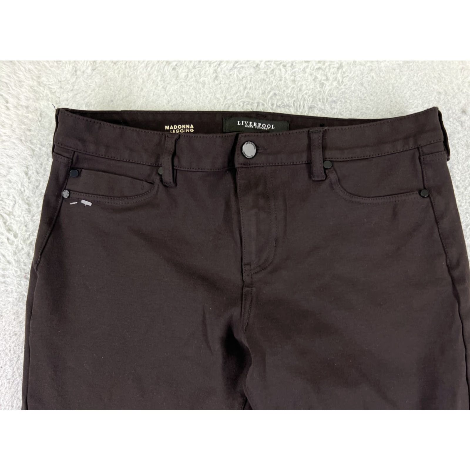 Vintage Liverpool Jeans Company Pants Women 12 Brown Tapered Madonna Legging Rayon Blend Jegging Regular Rise Mid Front Flat Front Stretch Knit Button Size 34" / US 12 / IT 48 - 4 Thumbnail