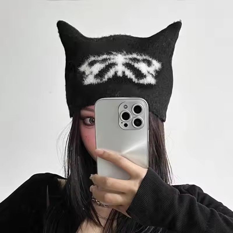Japanese Brand Winter Thickened Butterfly Jacquard Devil Ears Beanies Cap Size ONE SIZE - 1 Thumbnail