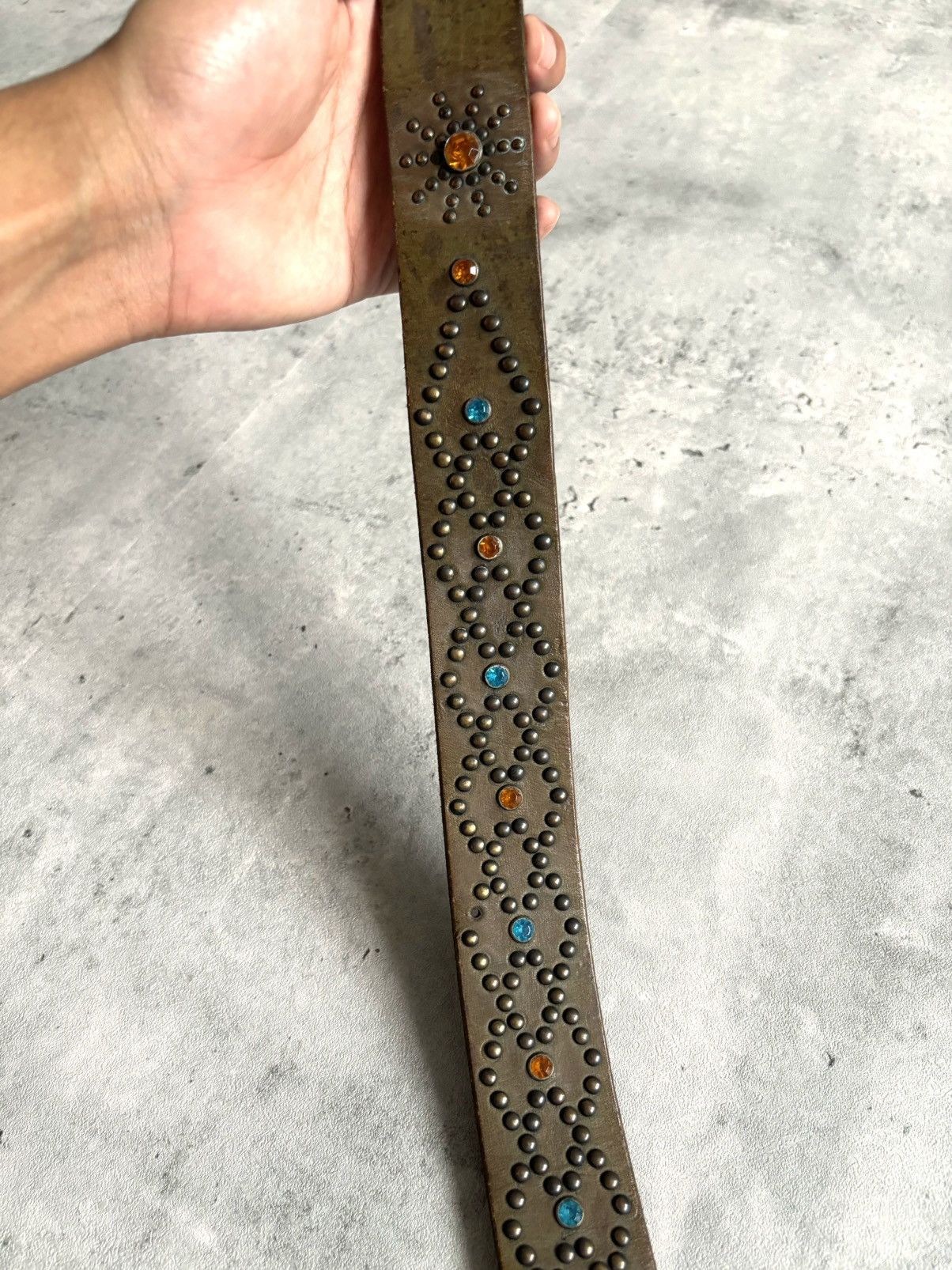 Japanese Brand Leather Design Blue&Orange Studded Belt Size 32 - 8 Thumbnail