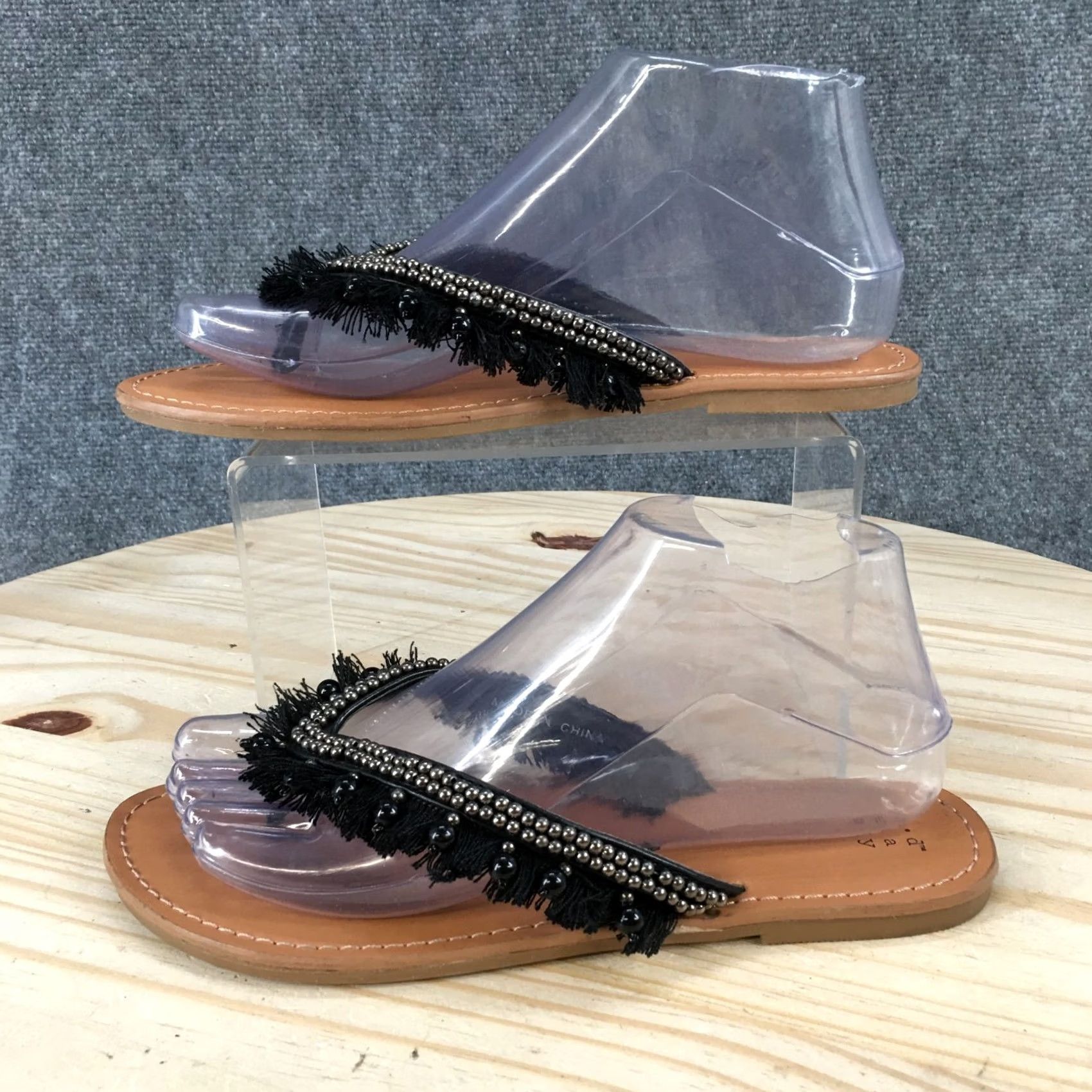 Vintage A New Day Sandals Womens 7.5 Thong Black Beaded Fringe Toe-Post Comfort Flats Size US 8 / IT 38 - 2 Thumbnail