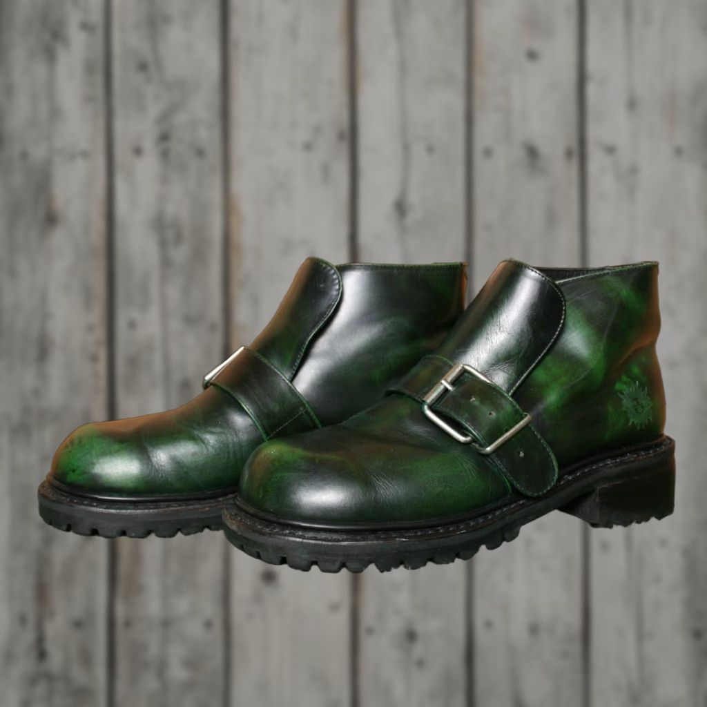 VINTAGE Muro Boots Buckle Leather Ankle Green Men UK 9.5 US 10-10.5 Leather Upper, Ankle Strap, Biker Style, Size 9.5 UK, 10-10.5 US, Mens Slim Fit