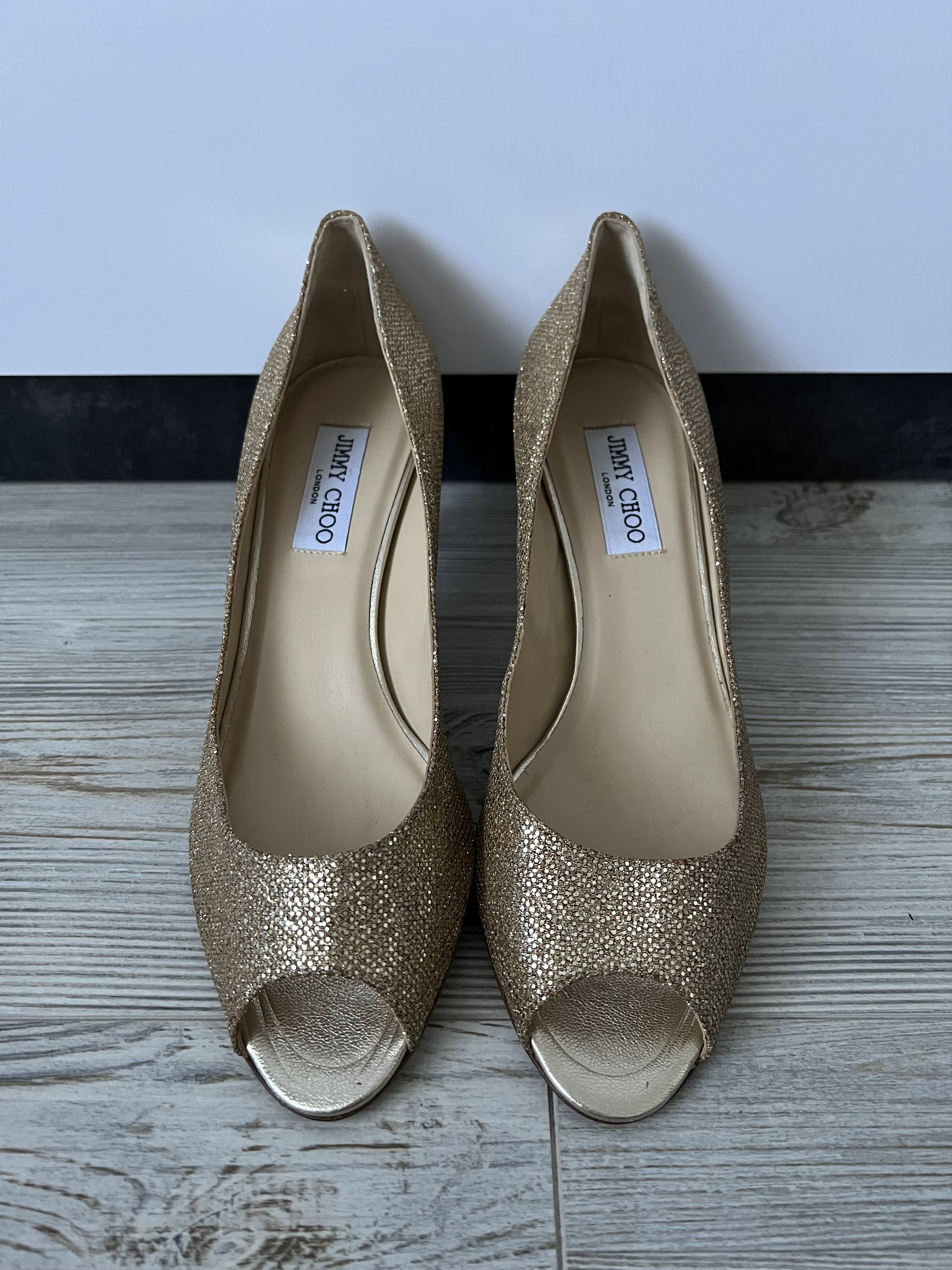 Jimmy Choo Jimmy Choo Gold Glitter Peep Toe Leather Heels Size 40 Size US 10 / IT 40 - 1 Thumbnail