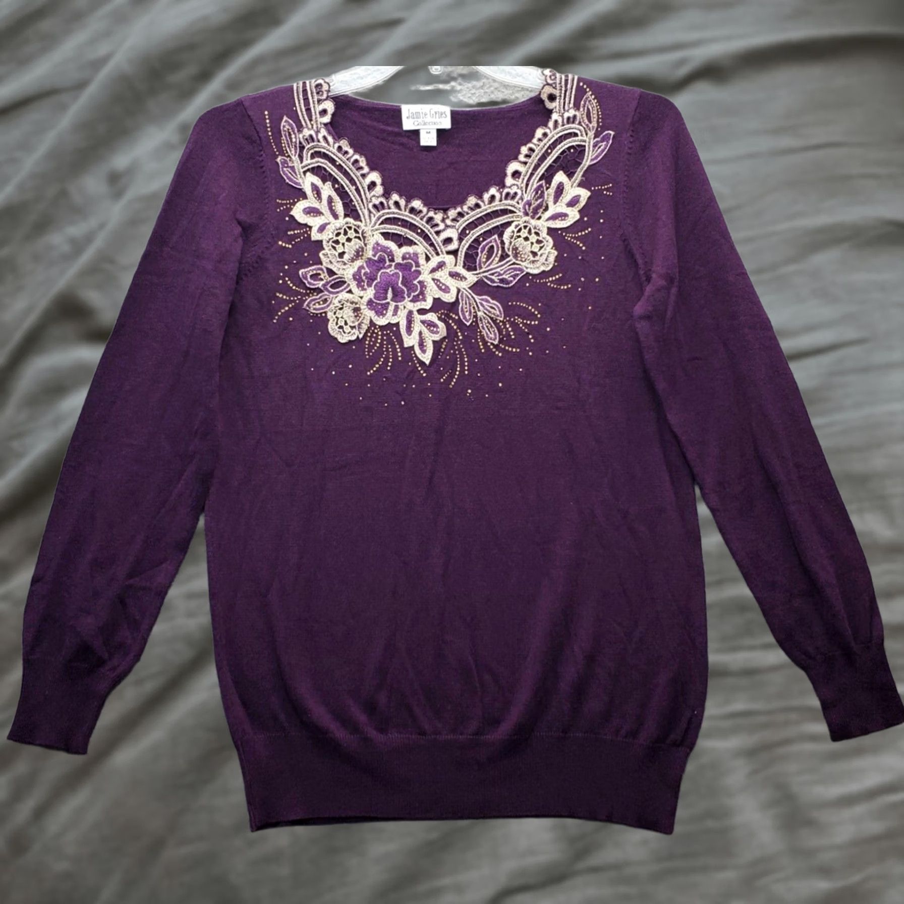 Vintage Jamie Gries Sweater Women's M Purple Knit Beaded Embroidered Pullover Size M / US 6-8 / IT 42-44 - 1 Thumbnail