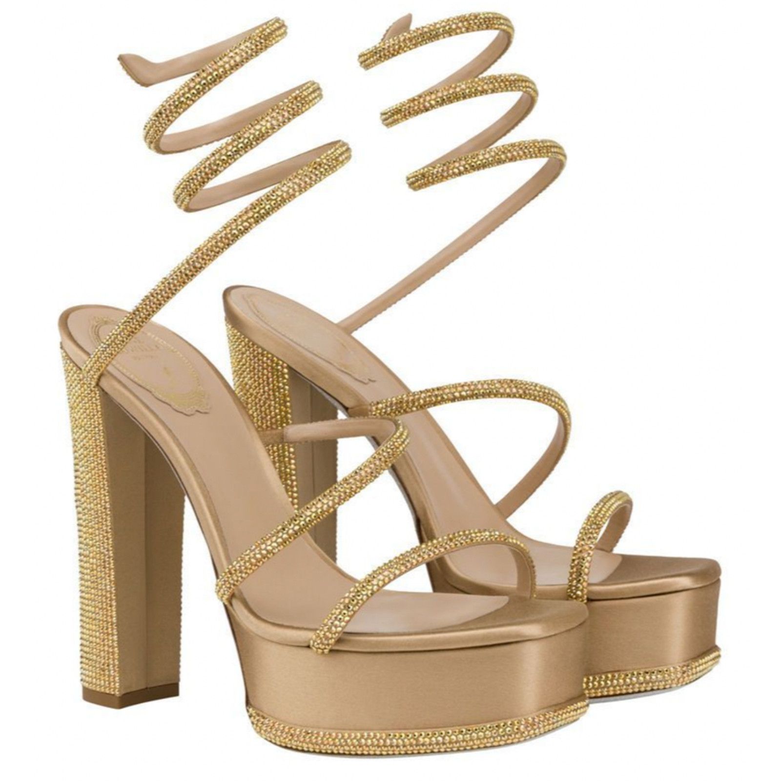 Rene Caovilla Cleo Gold Platform Wrap Strap Sandal Block Heel Pump 38 Size US 8 / IT 38 - 3 Thumbnail